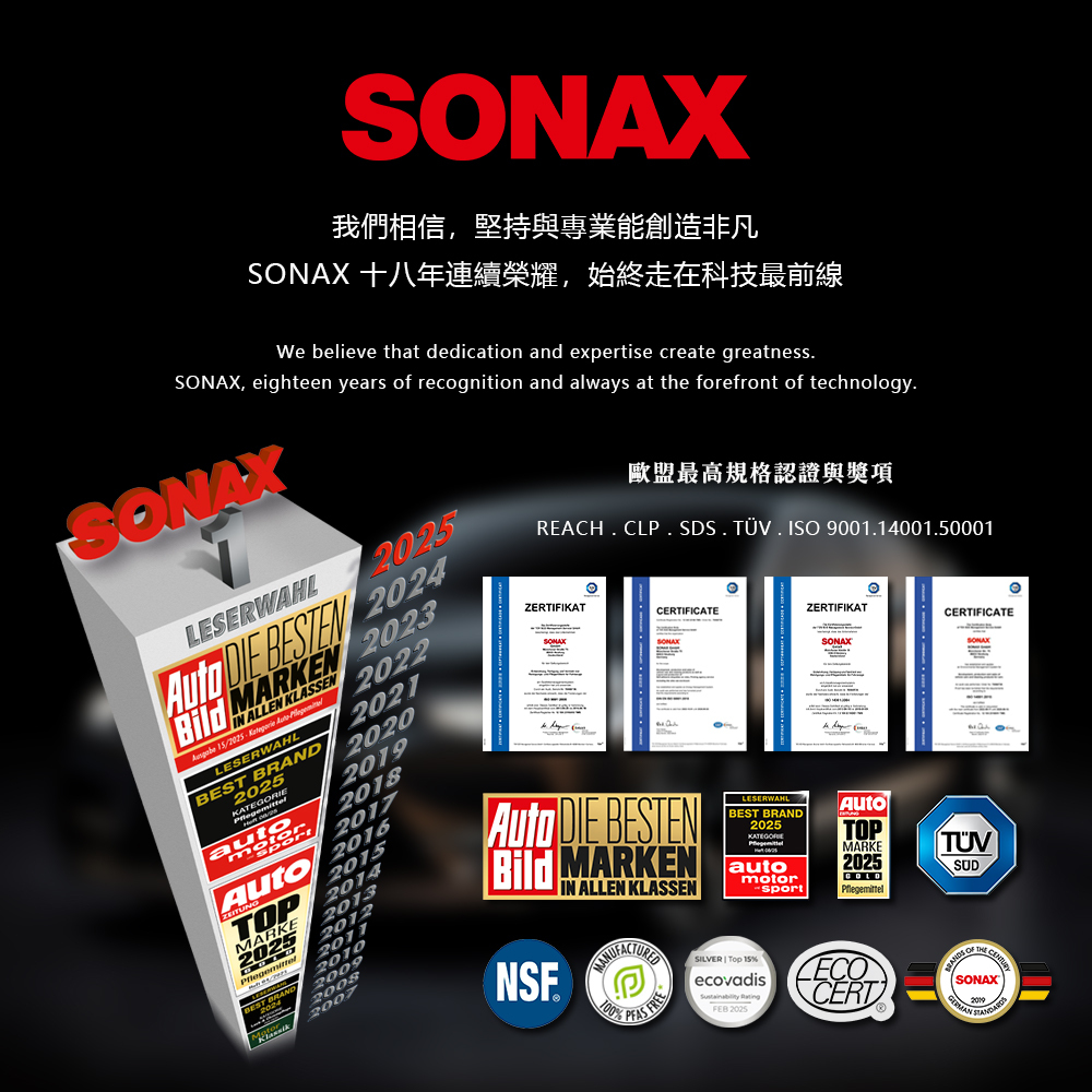 我們相信,堅持與專業能創造非凡SONAX 十八年連續榮耀,始終走在科技最前線We believe that dedication and expertise create greatnessSONAX, eighteen years of recognition and always at the forefront of technologyLESERWAHL   2024 ARKEN 2023IN ALLEN KLASSEN /2025  LESERWAHLBE 202520222021202020182017 2016ZEITUNTOMST BRANDBEST201520142013201220120102007歐盟最高規格認證與獎項REACH CLP SDS. . ISO 9001.14001.50001ZERTIFIKATZERTIFIKATCERTIFICATECERTIFICATELESERWAHL DIE BESTEN MARKEN NSFIN ALLEN KLASSEN100P  SILVER   15%ecovadis  2025BEST BRAND2025motorsportSONAXAutoTOPMARKE2025ECOCERTSUD|SONAX2019