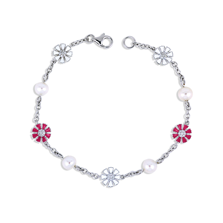 925純銀「小雛菊 Daisy」天然珍珠晶鑽手鍊 (17.5公分+2公分延長鍊)-ADSDL0004