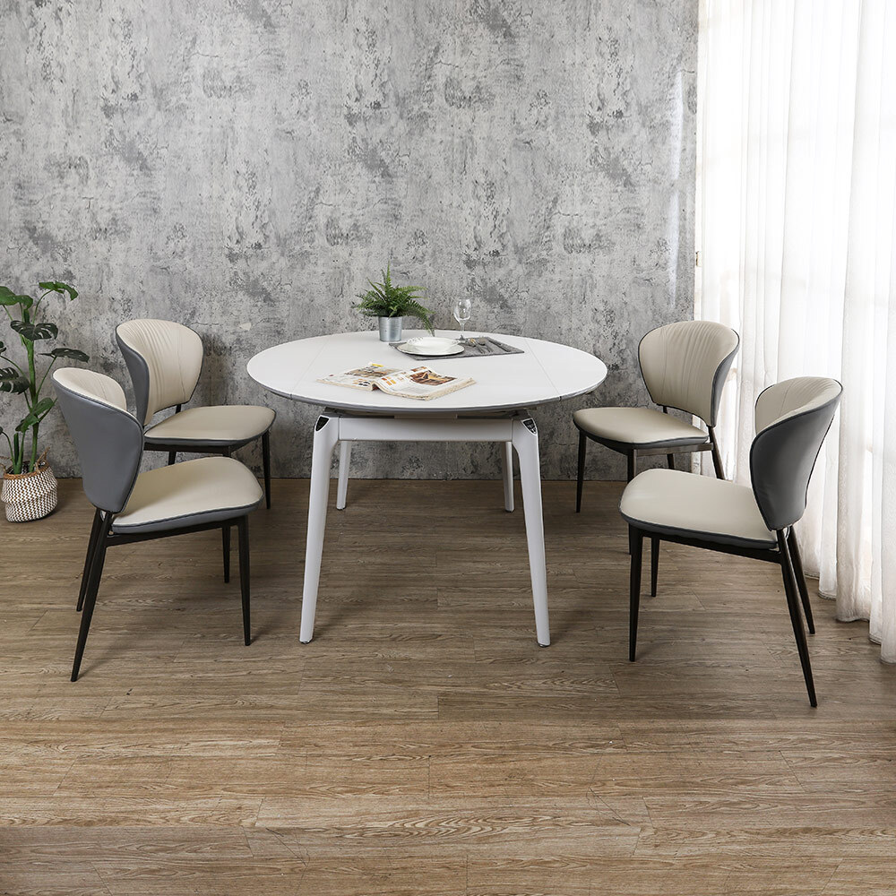 達芬4.5尺伸縮拉合白色玻璃圓型餐桌+波菲工業風皮革餐椅組合(一桌四椅)