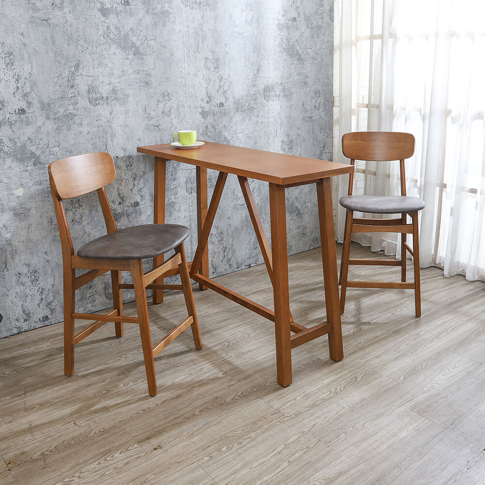 伯倫4尺實木吧台桌+范恩復古風仿舊咖啡色皮革實木吧台椅組合-淺胡桃色(一桌二椅)