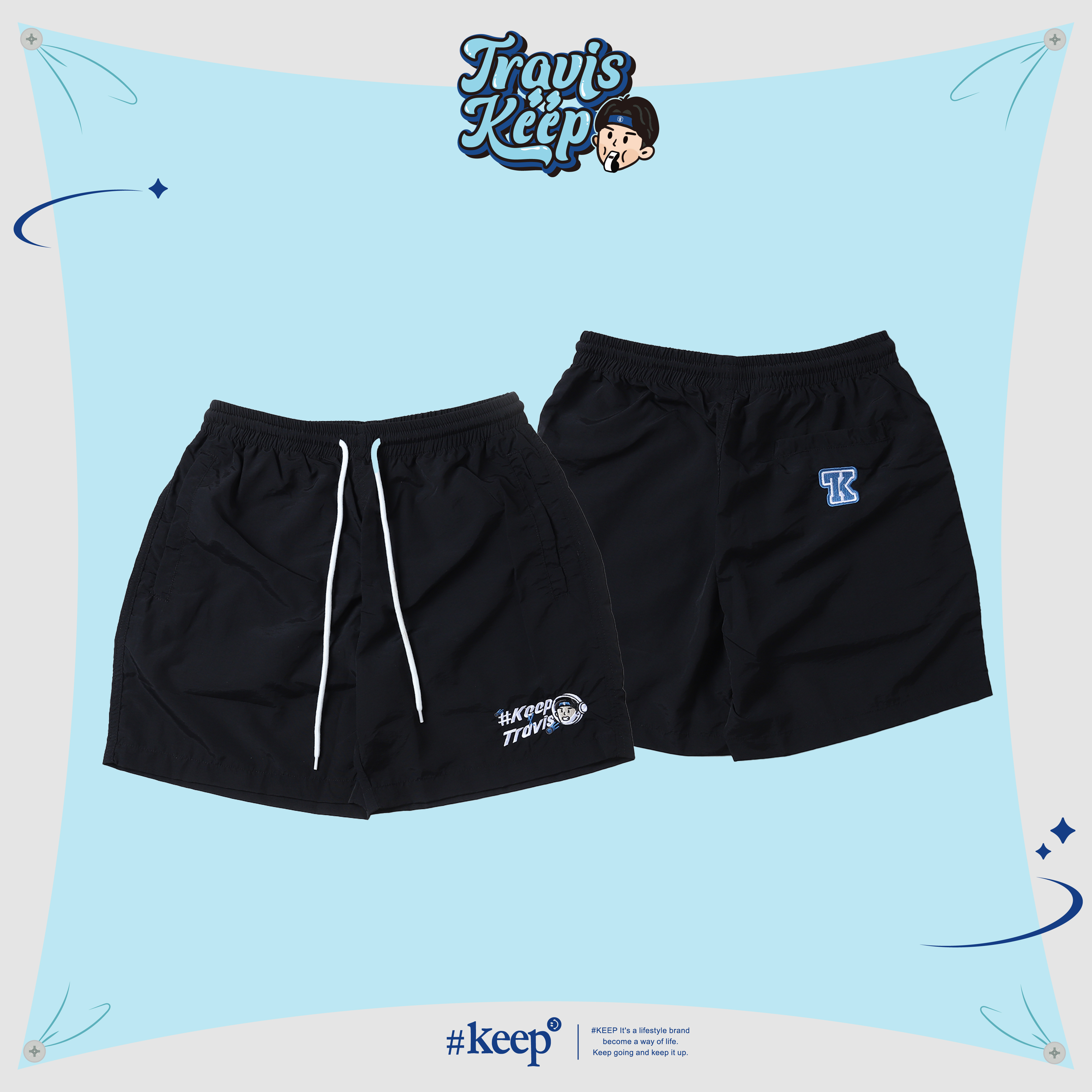 #KEEP x TRAVIS 崔維斯 黑色 聯名 火箭 Q版頭像 宇宙崔 刺繡抽繩短褲【KS296】