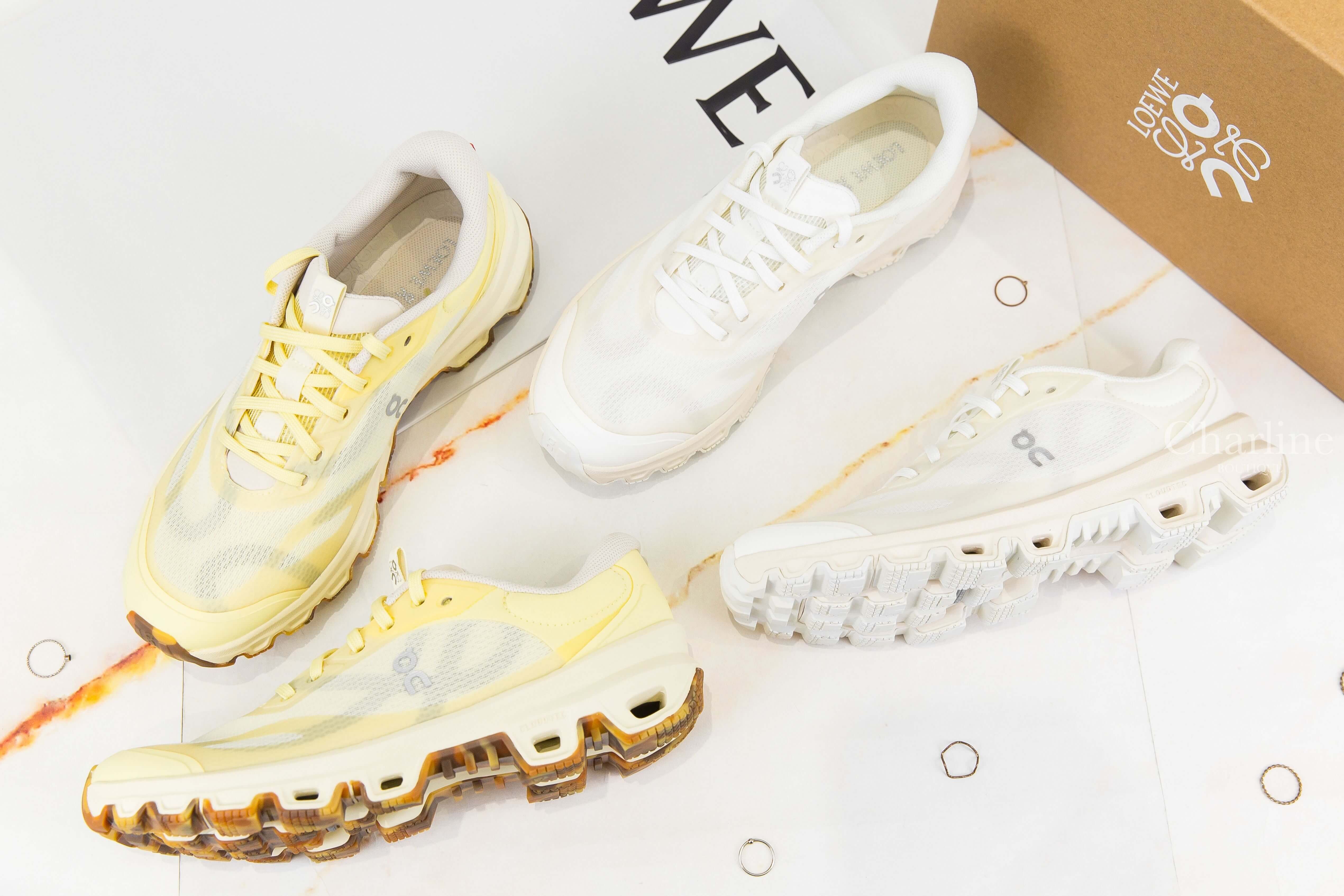 Loewe Cloudventure 2.0 Sneaker 黃灰拼色聯名款側邊銀色Logo棕褐色琥珀鞋底網織布運動鞋,蛋殼色聯名款側邊銀色Logo網織布運動鞋-Charline Boutique 精品代購