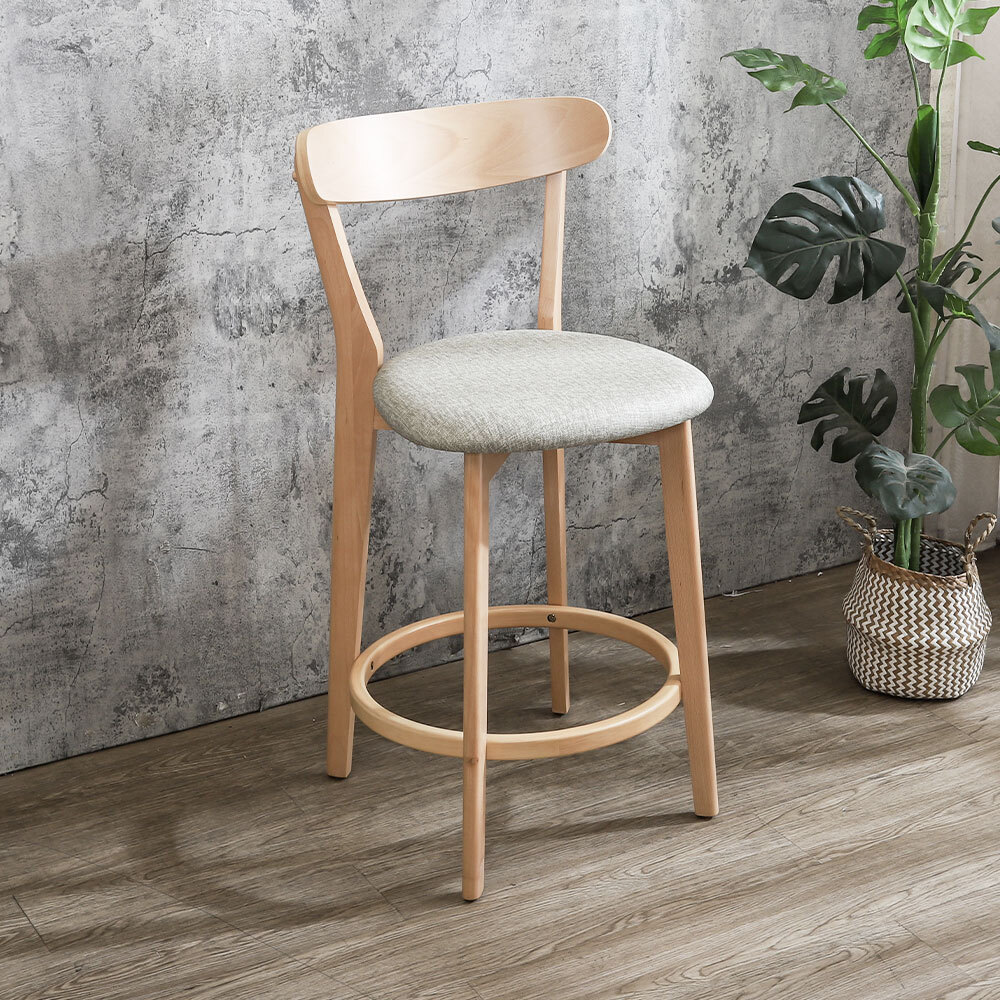 薇奇淺灰色布紋皮革實木吧台椅/吧檯椅/高腳椅-洗白色(低)