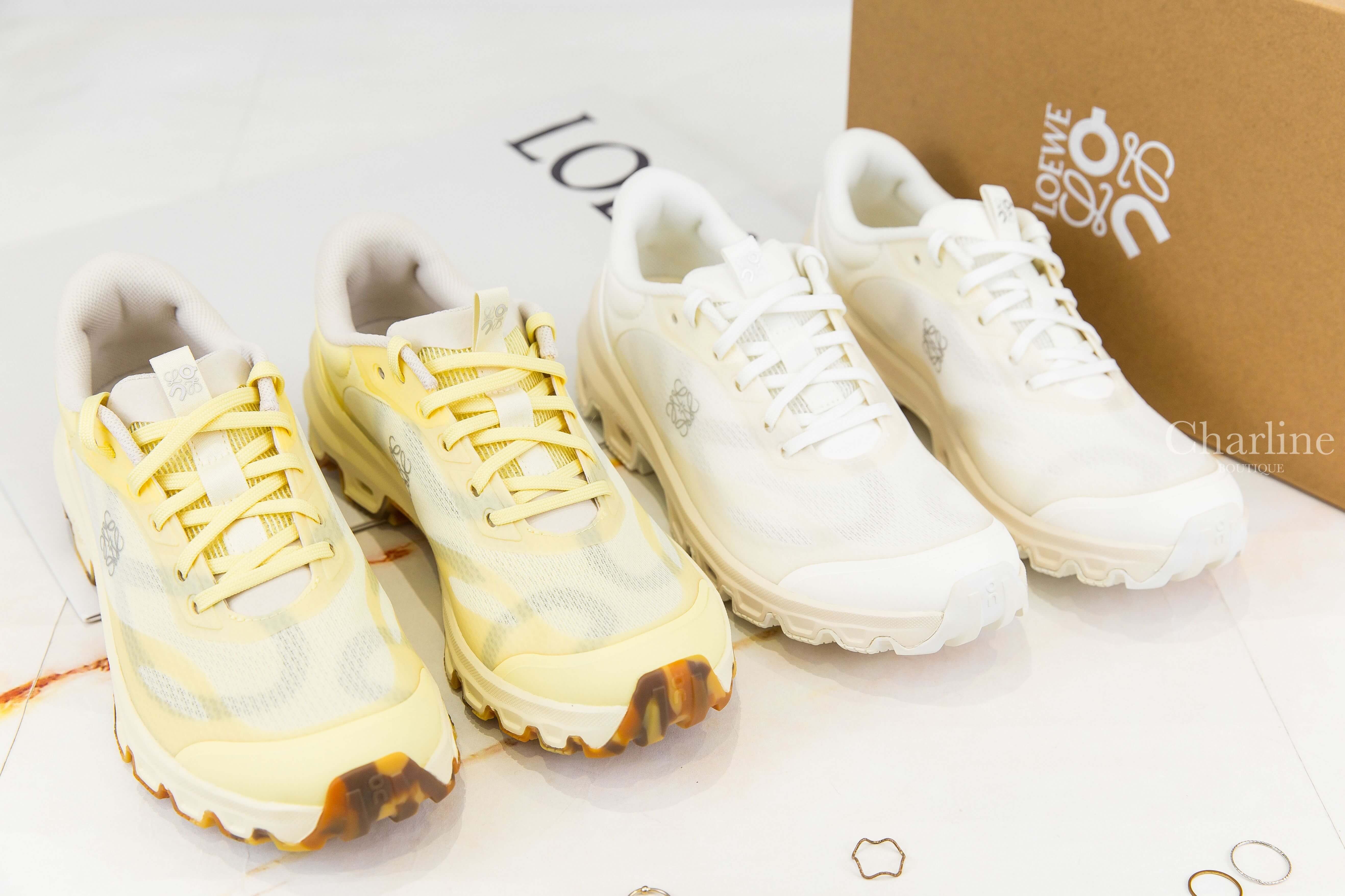 Loewe Cloudventure 2.0 Sneaker 黃灰拼色聯名款側邊銀色Logo棕褐色琥珀鞋底網織布運動鞋,蛋殼色聯名款側邊銀色Logo網織布運動鞋-Charline Boutique 精品代購