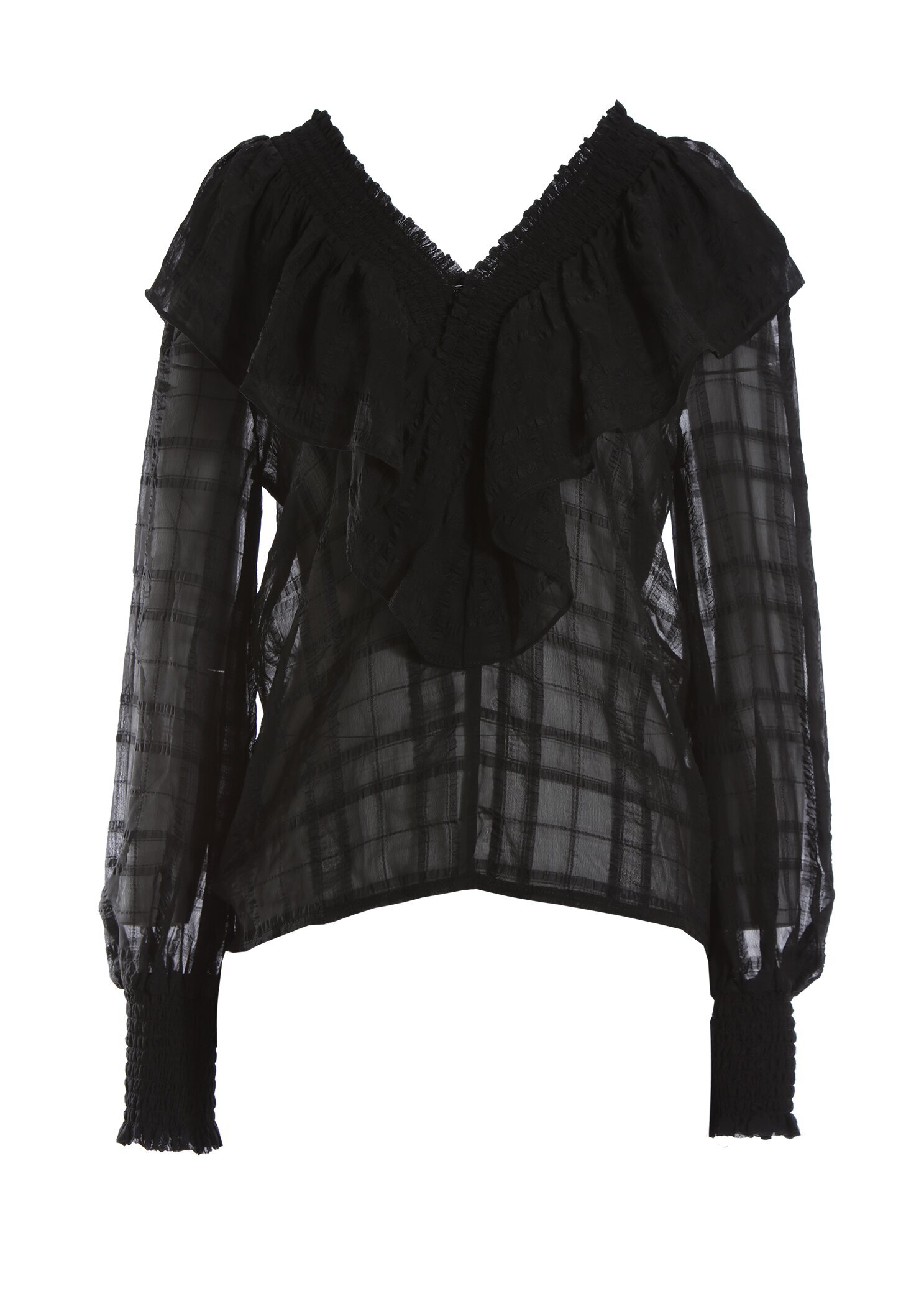 BD10068A1 格紋薄紗大荷葉V領泡袖上衣 (可拉一字領)