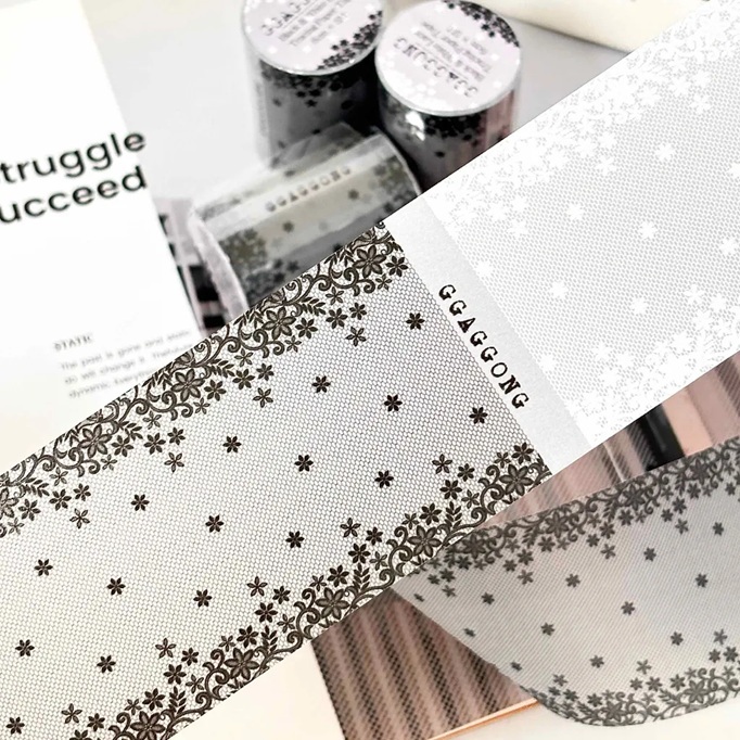 韓國 ggaggong．黑白蕾絲 6cm描圖紙卷膠帶  <只有整捲>