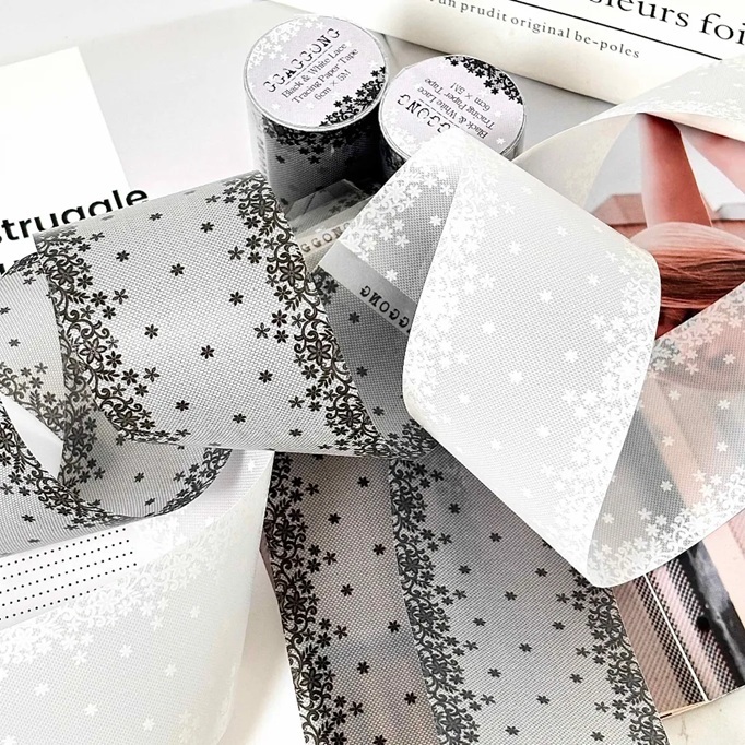 韓國 ggaggong．黑白蕾絲 6cm描圖紙卷膠帶  <只有整捲>