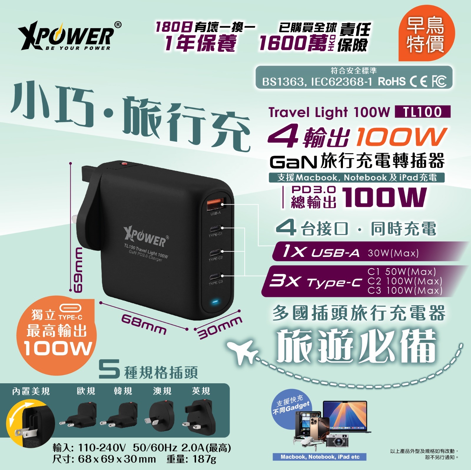 XPower TL100 Travel Light 100W 4輸出100W PD3.0 GaN 旅行充電器