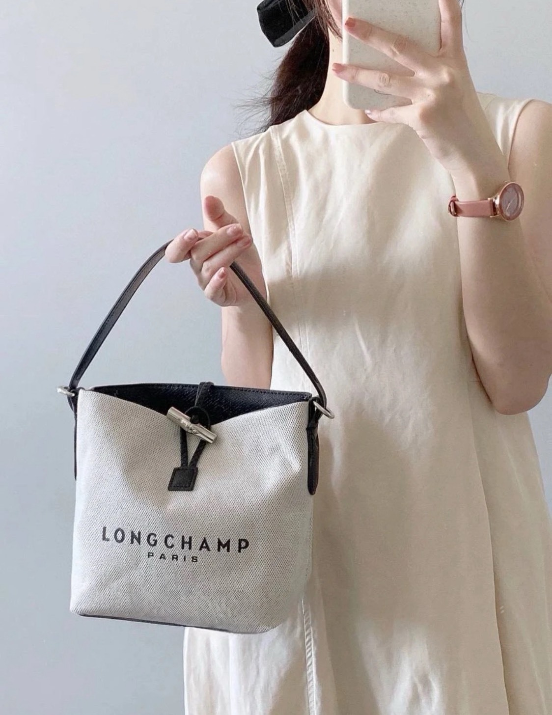 LONGCHAMP 瓏驤 ROSEAU 17 帆布亞麻水桶包