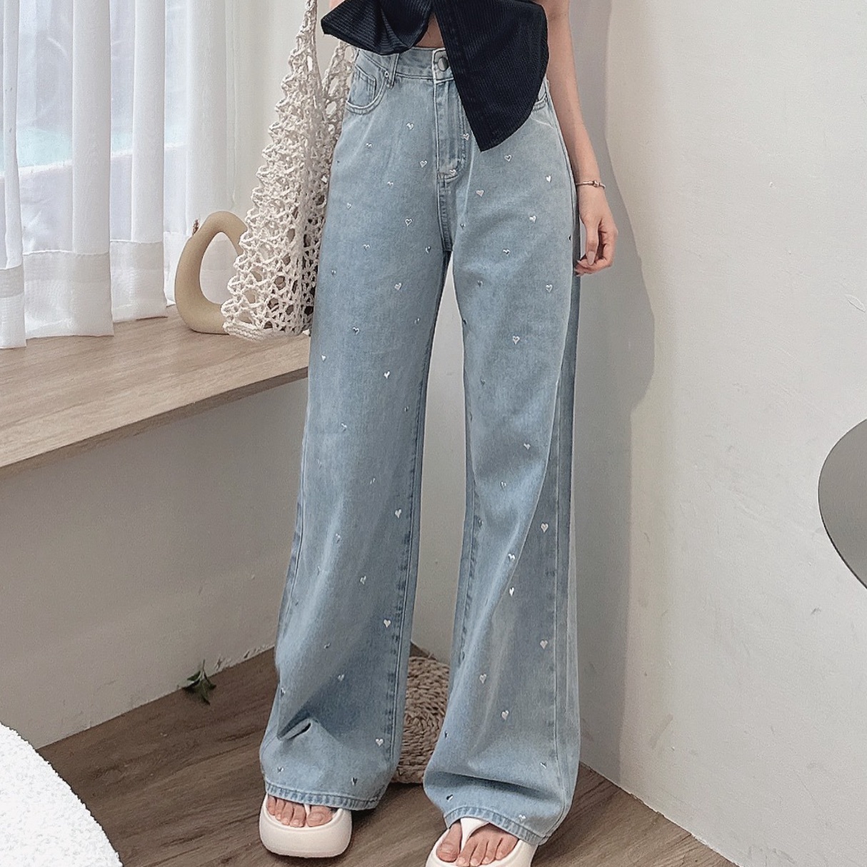 必收愛心銀片牛仔寬褲/單一色