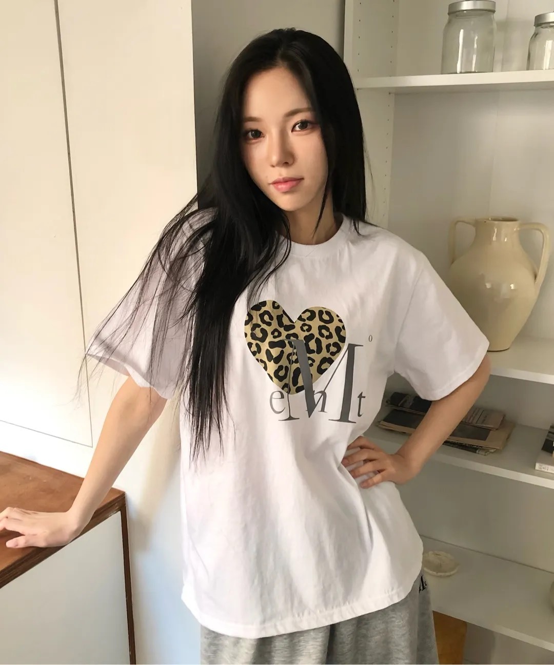 韓國設計師品牌 MUCENT 小豹紋短T 西爾瓦豹紋愛心短袖T恤 貼身版 / 寬鬆版