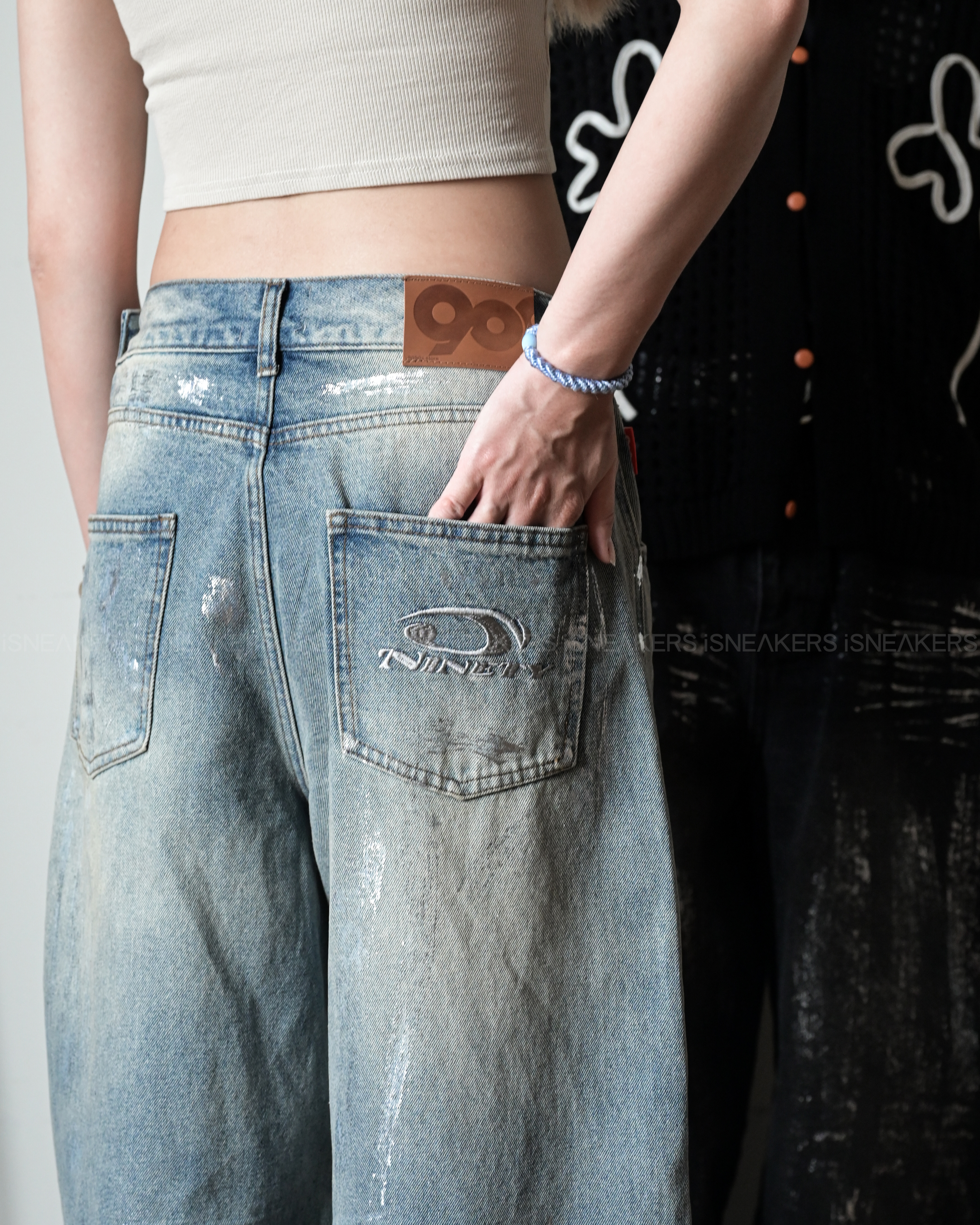 iSNEAKERS｜9090 Heisei Logo Shiny Print Jeans 刷銀丹寧褲黑/藍