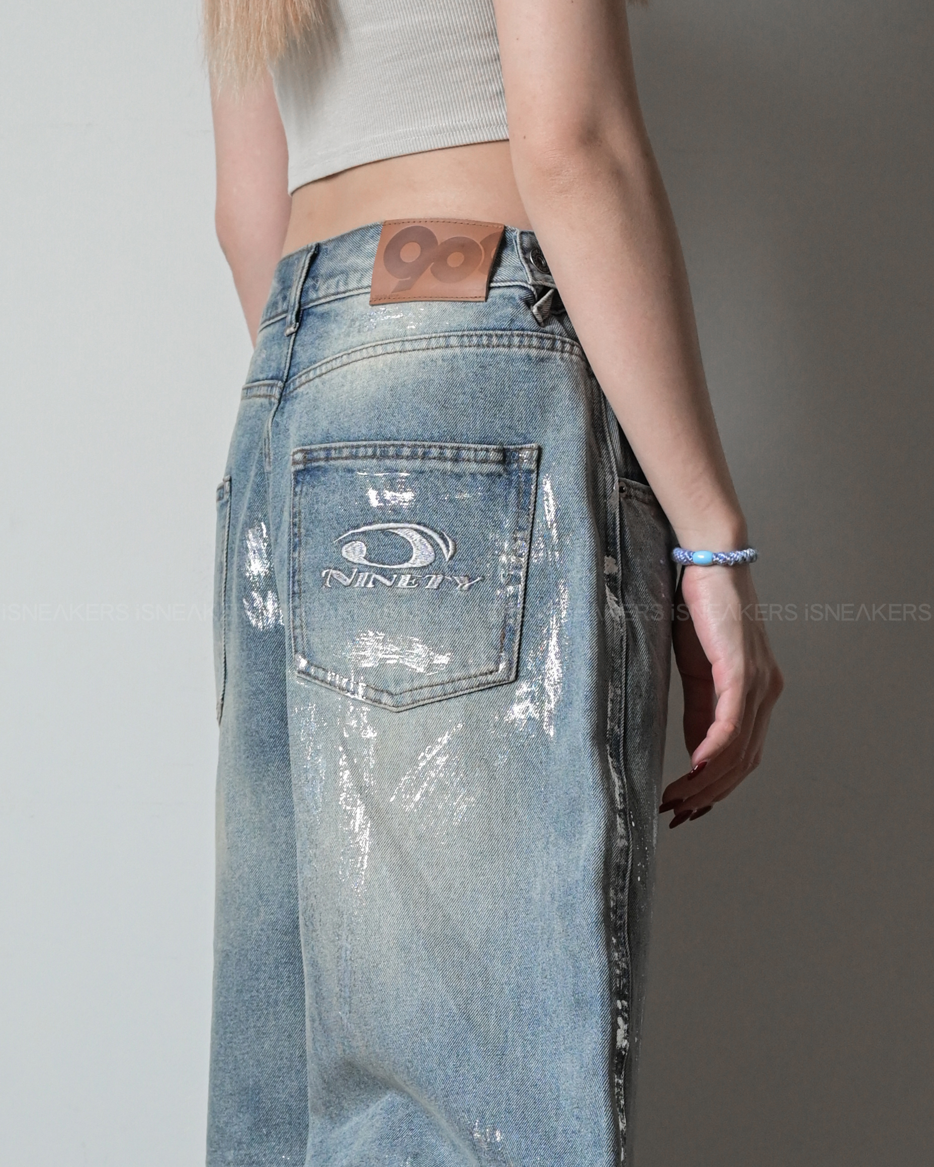 iSNEAKERS｜9090 Heisei Logo Shiny Print Jeans 刷銀丹寧褲黑/藍