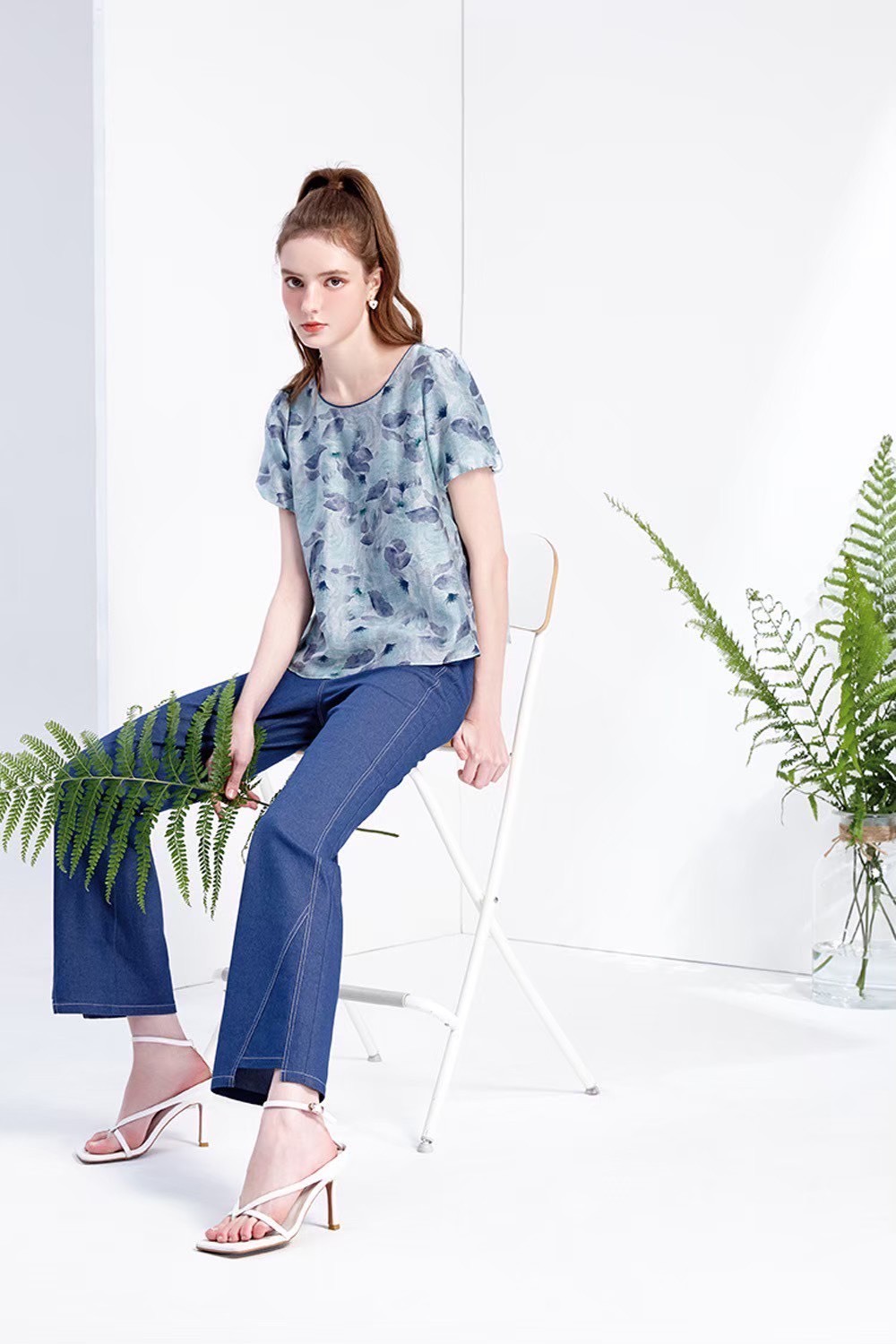 高級天絲優雅時尚印花層次拼接造型修身上衣W6181