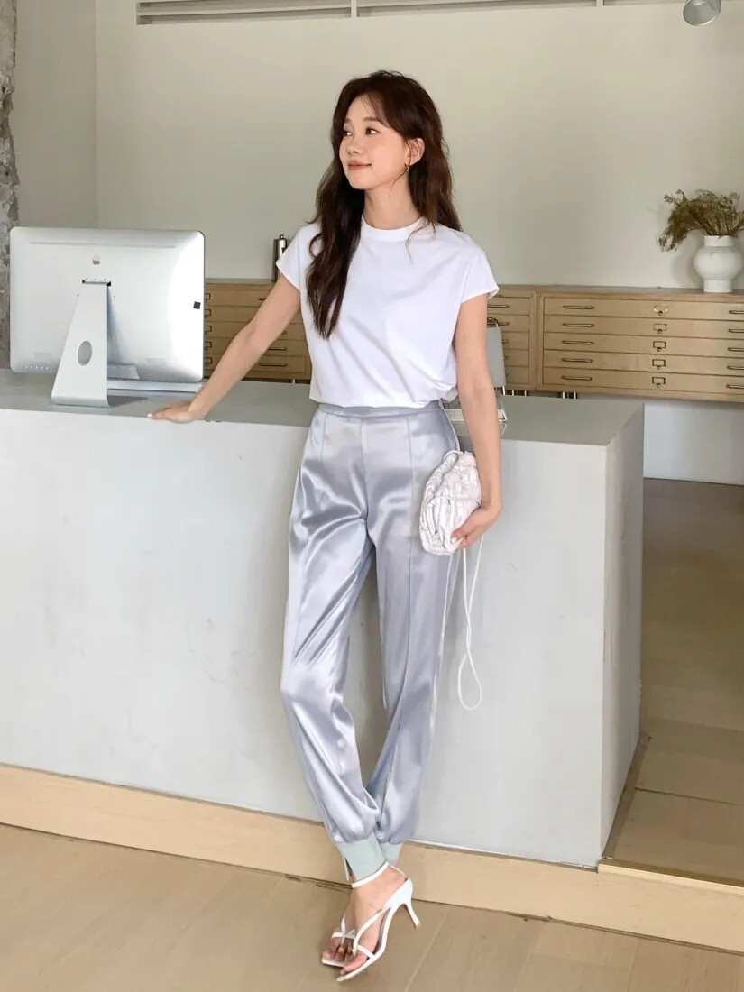 質感灰時髦光澤感開衩下擺縮口褲S-L (Elegant & Love)