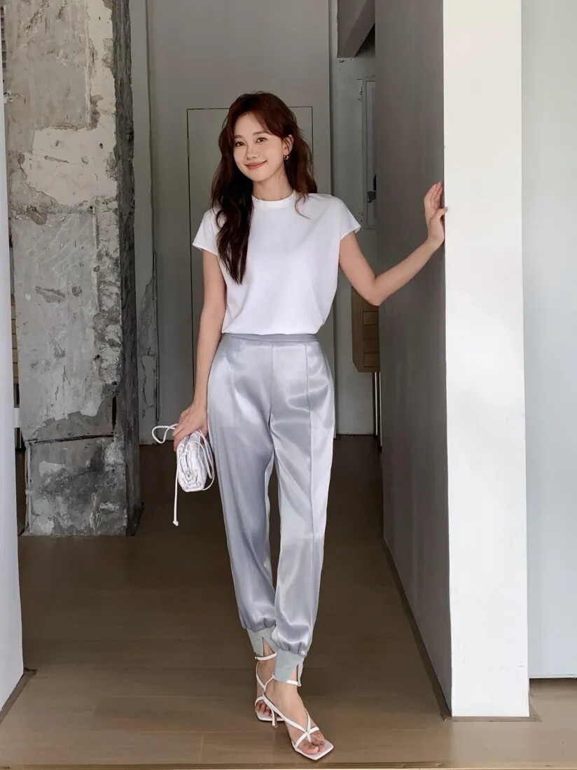 質感灰時髦光澤感開衩下擺縮口褲S-L (Elegant & Love)