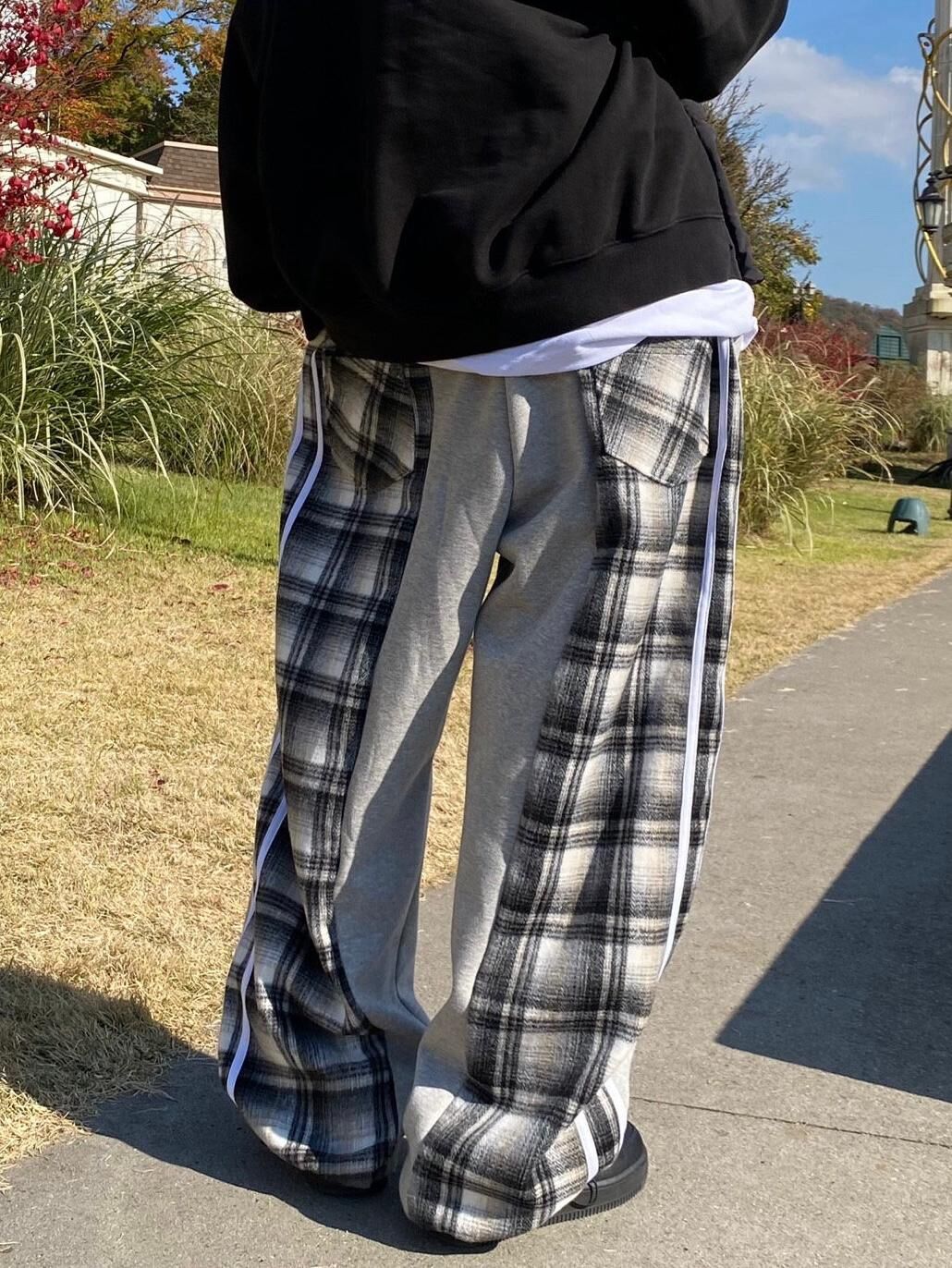 拼格仔可束腳鬆身褲(抓毛底) P3079