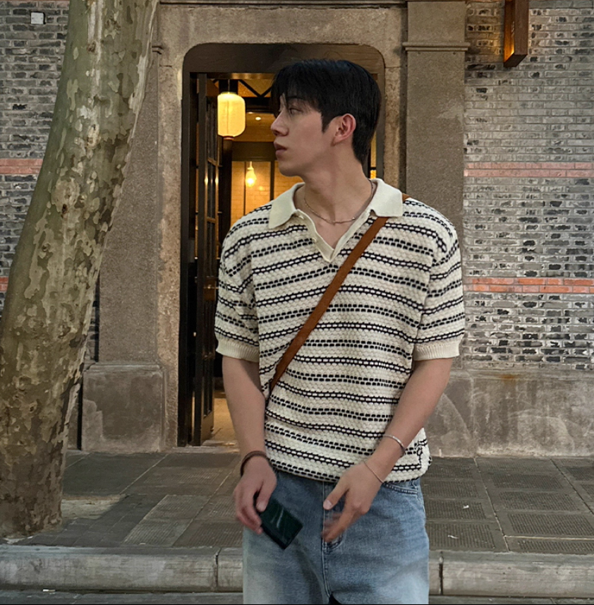 韓系特殊條紋透氣夏季針織短袖T-Shirt