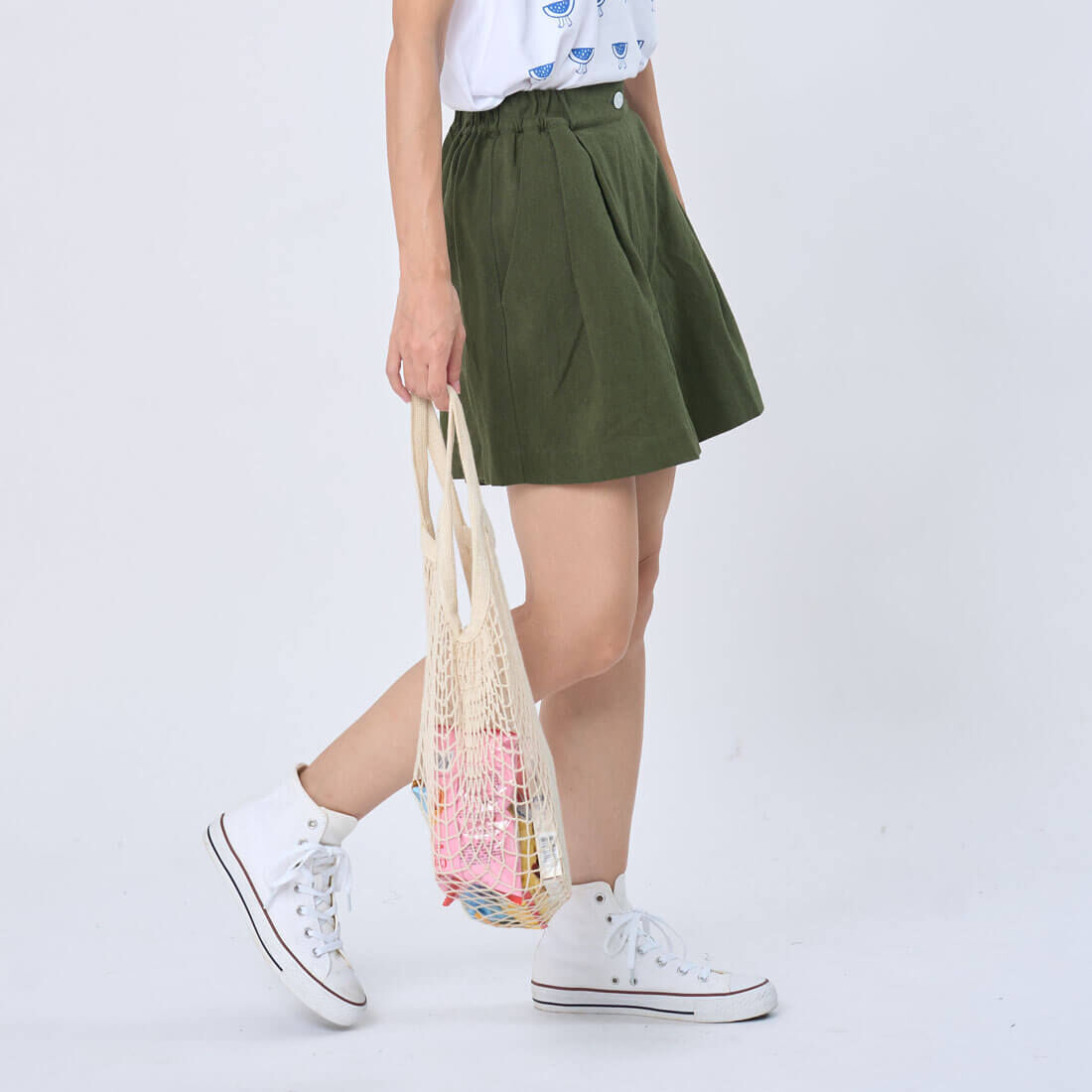 John 棉麻後鬆緊打摺短褲裙/松葉綠