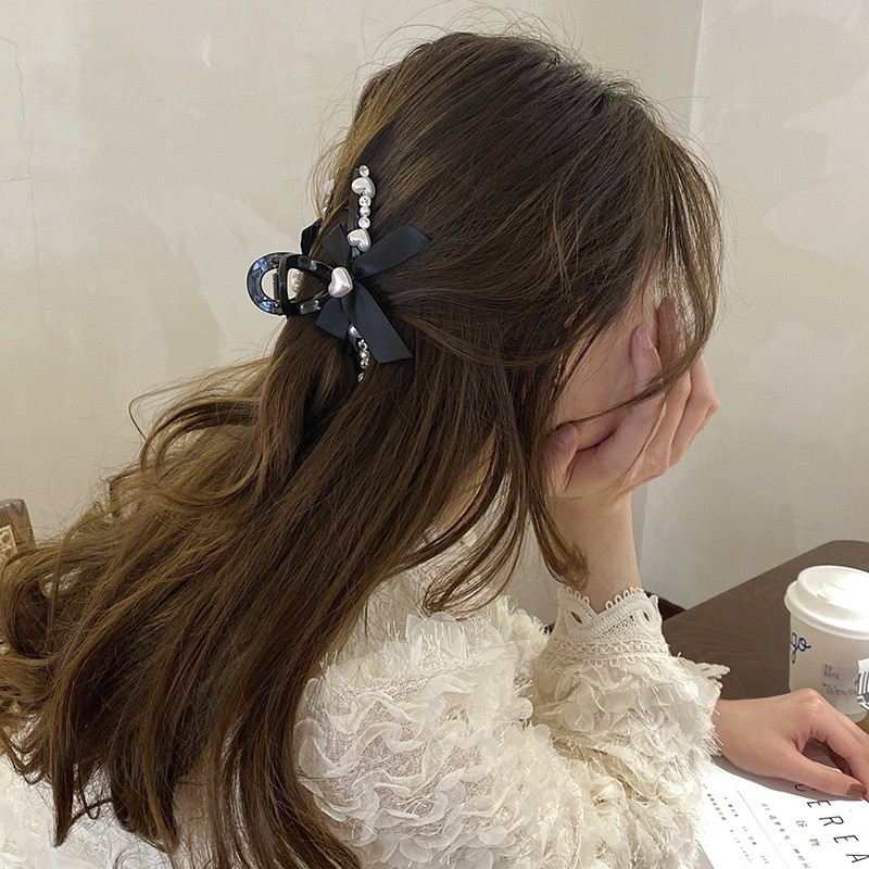 Black Bow Hair Claw with Heart Pearl Accent