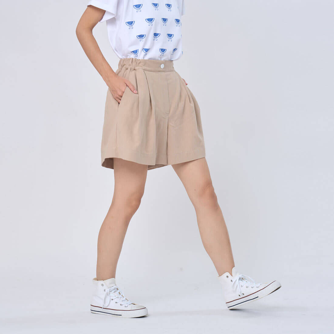 John 棉麻後鬆緊打摺短褲裙/橡木卡其