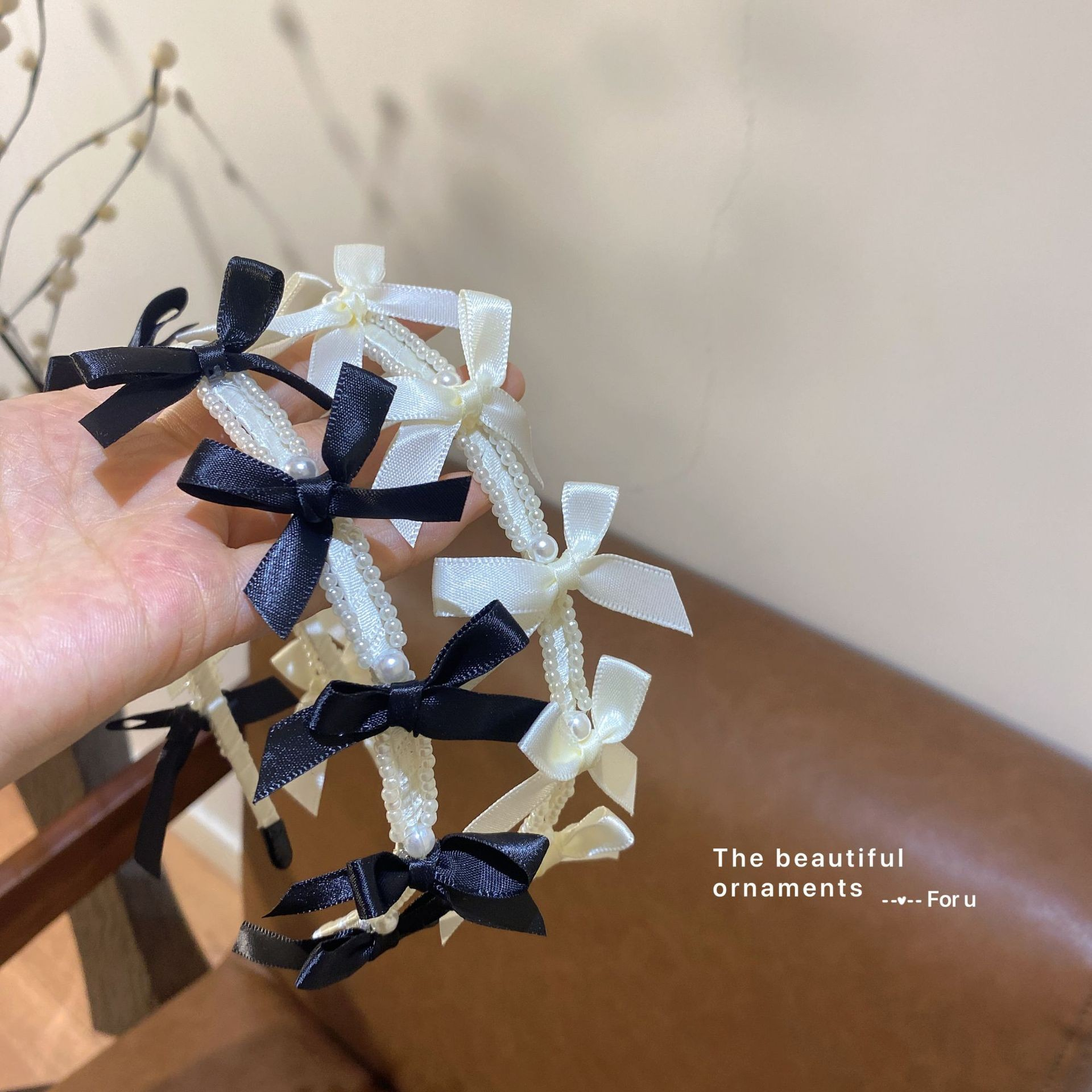 French Creamy Bow Headband with Pearls