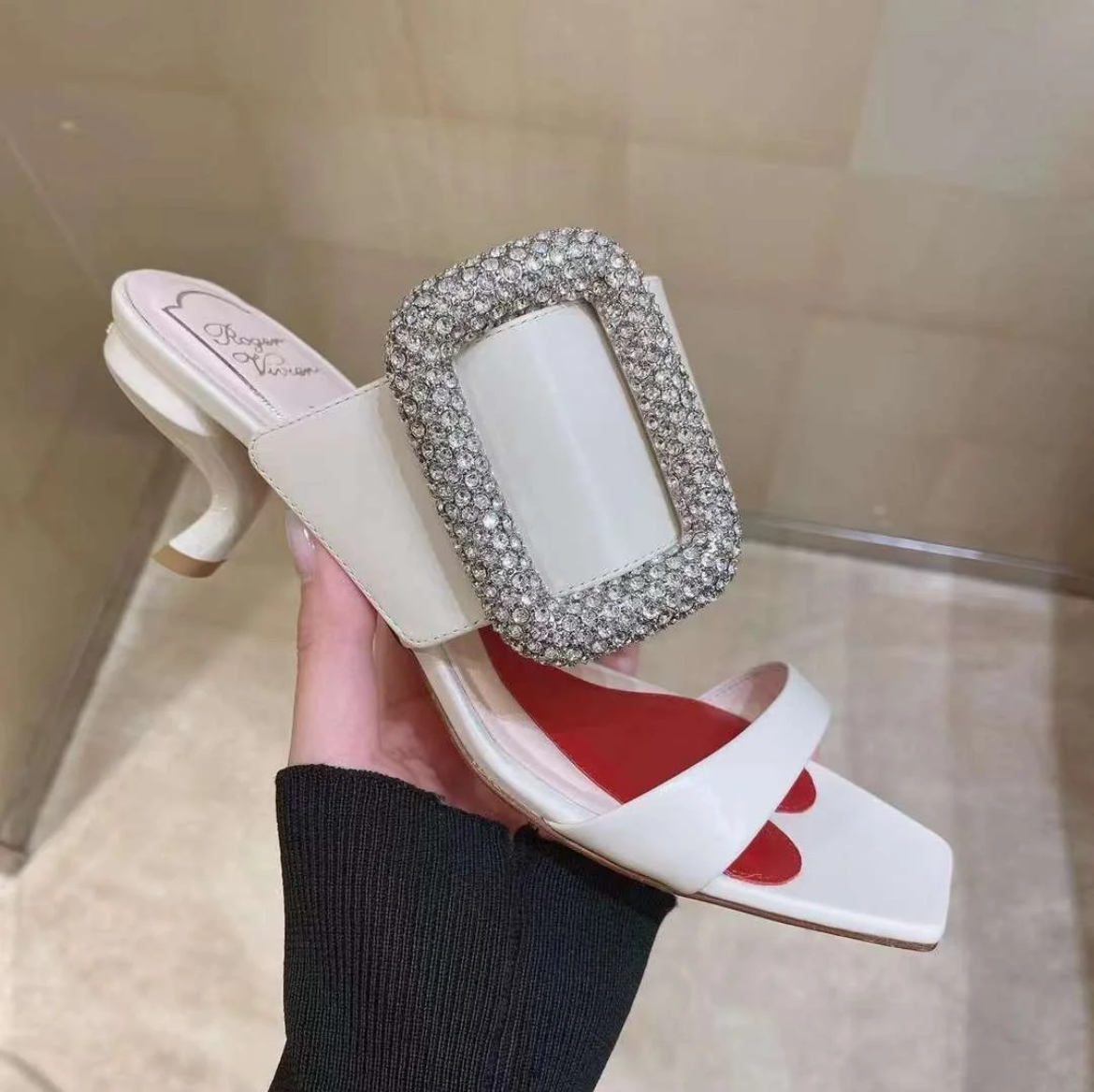 Roger Vivier RV viv choc strass mules heels white