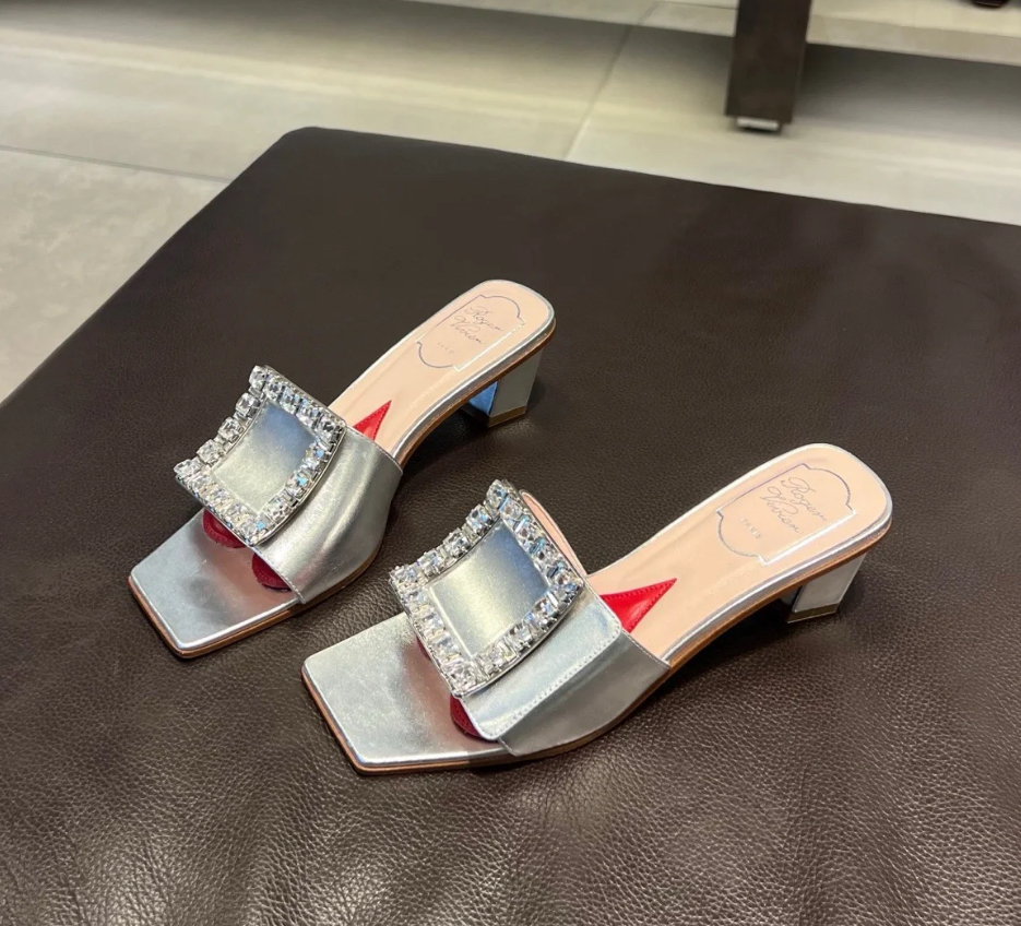 Roger Vivier RV strass metallic mules heels silver