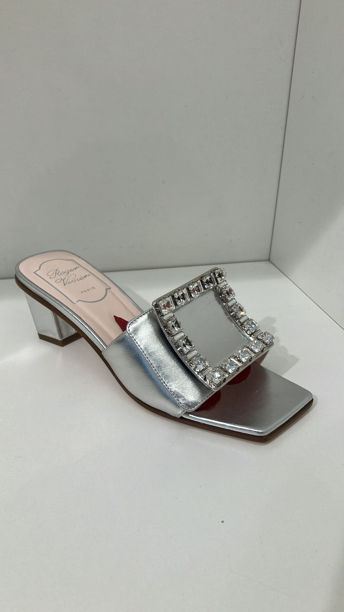 Roger Vivier RV strass metallic mules heels silver