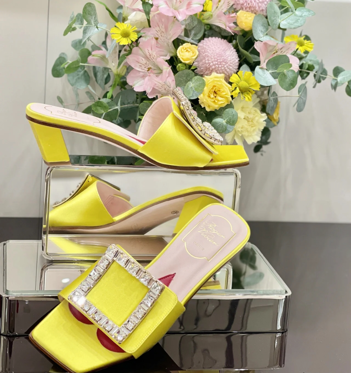 Roger Vivier RV strass satin mules heels yellow