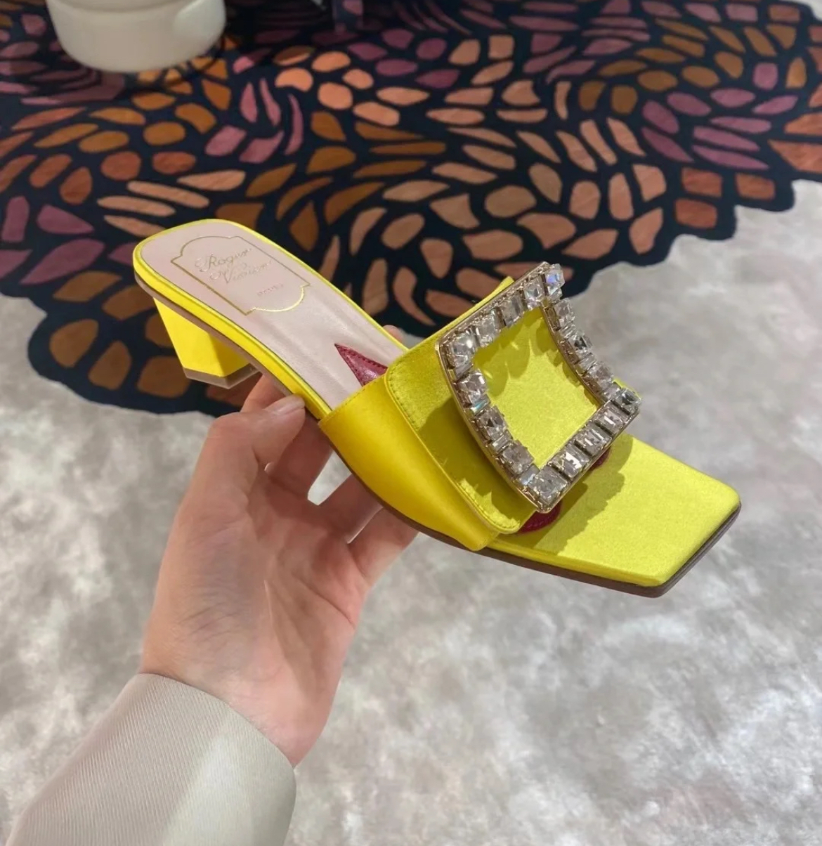 Roger Vivier RV strass satin mules heels yellow