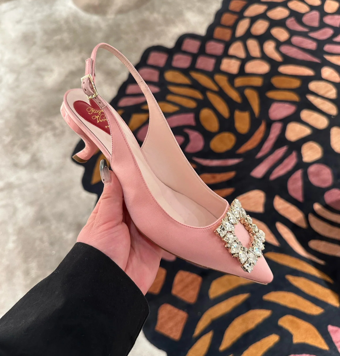 Roger Vivier RV virgule strass satin slingback heels pink