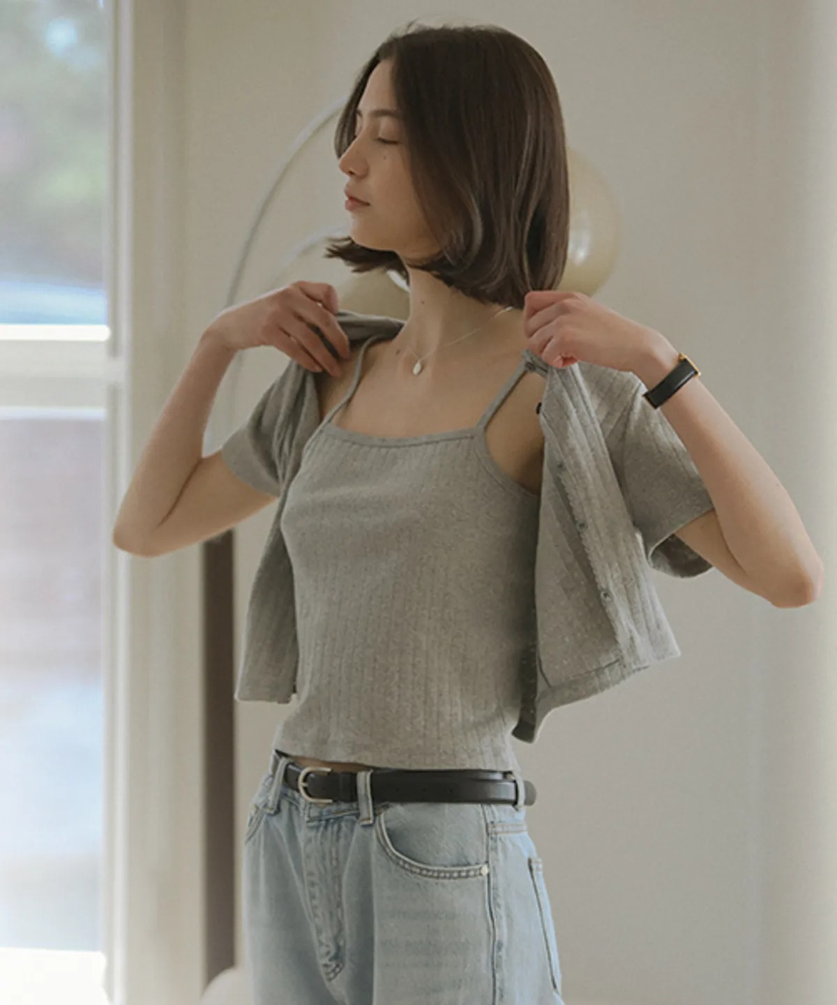 TILLIDIE Sleeveless Set Half Sleeve Eyelet Cardigan