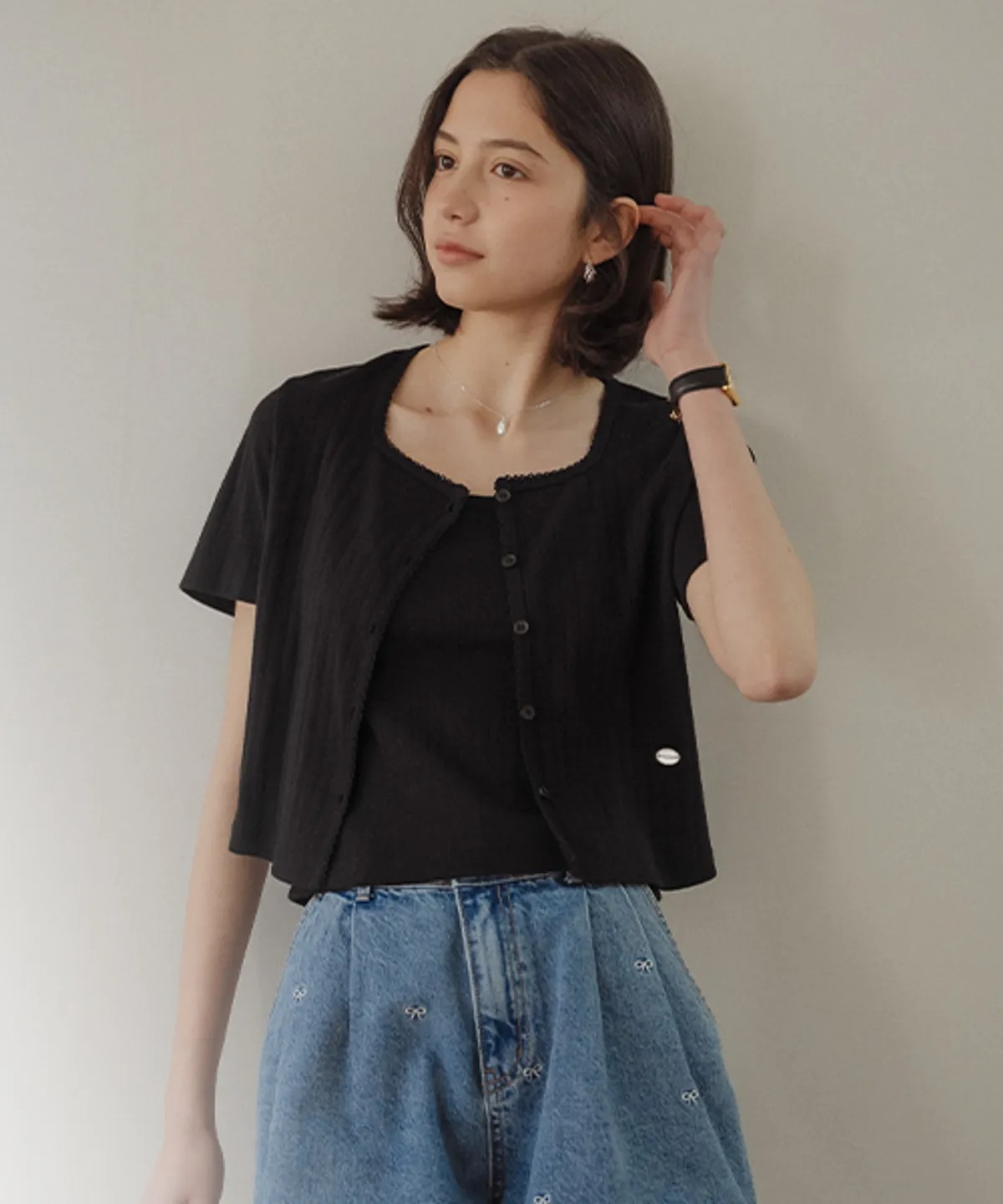 TILLIDIE Sleeveless Set Half Sleeve Eyelet Cardigan