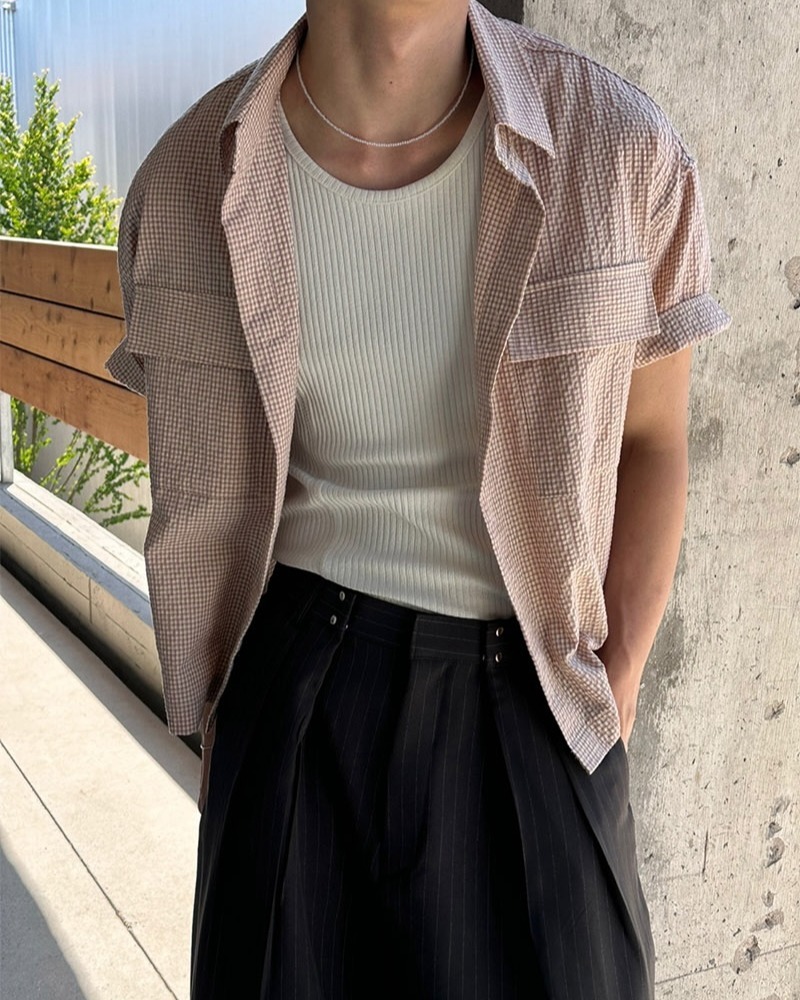 雙重短款格紋短袖襯衫