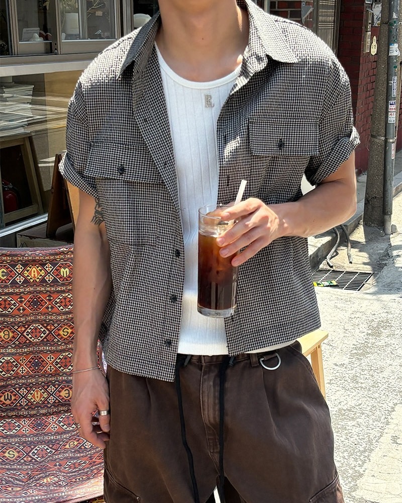 雙重短款格紋短袖襯衫