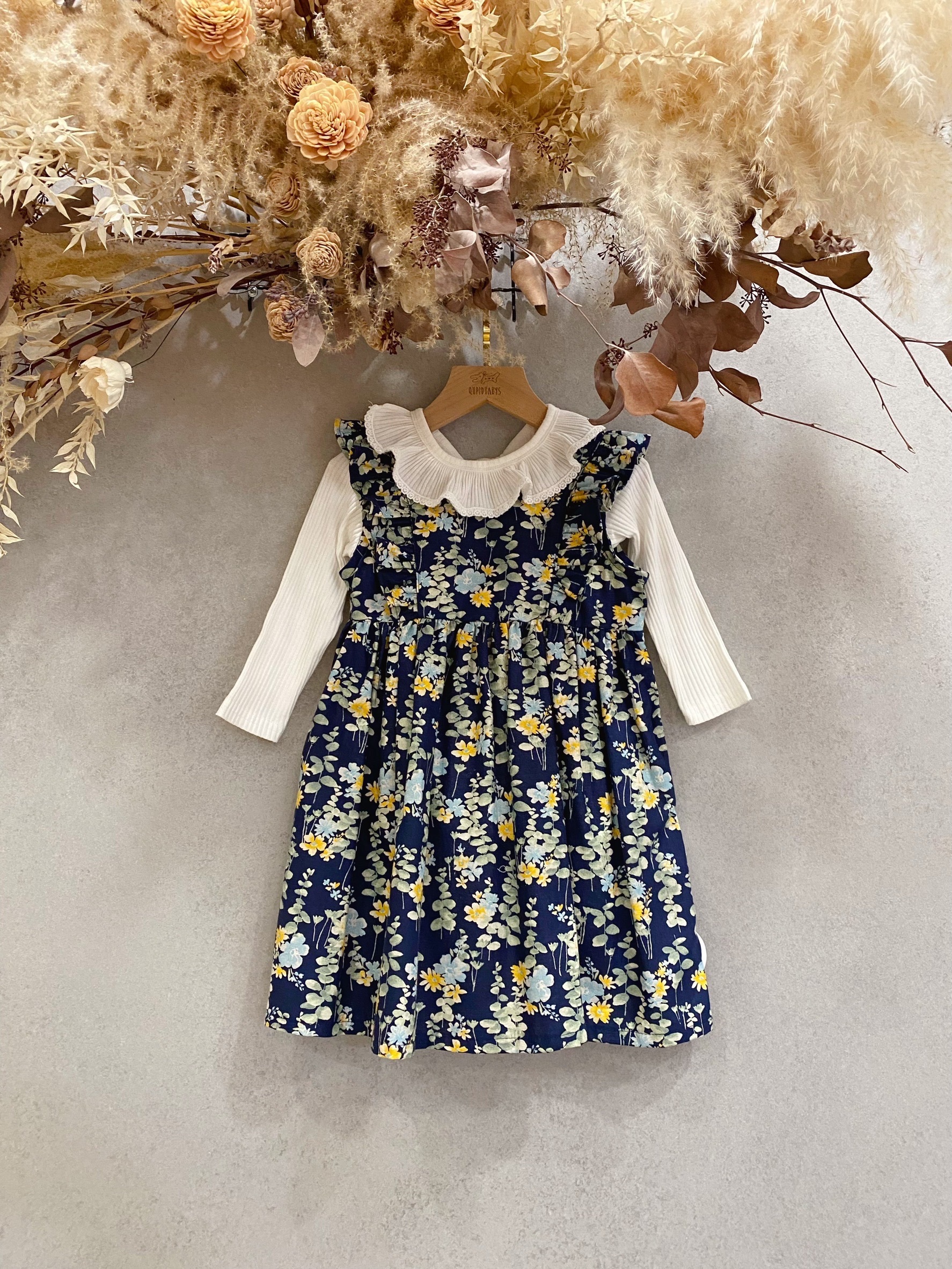 深藍黃藍花園 飛飛袖洋裝(110)
