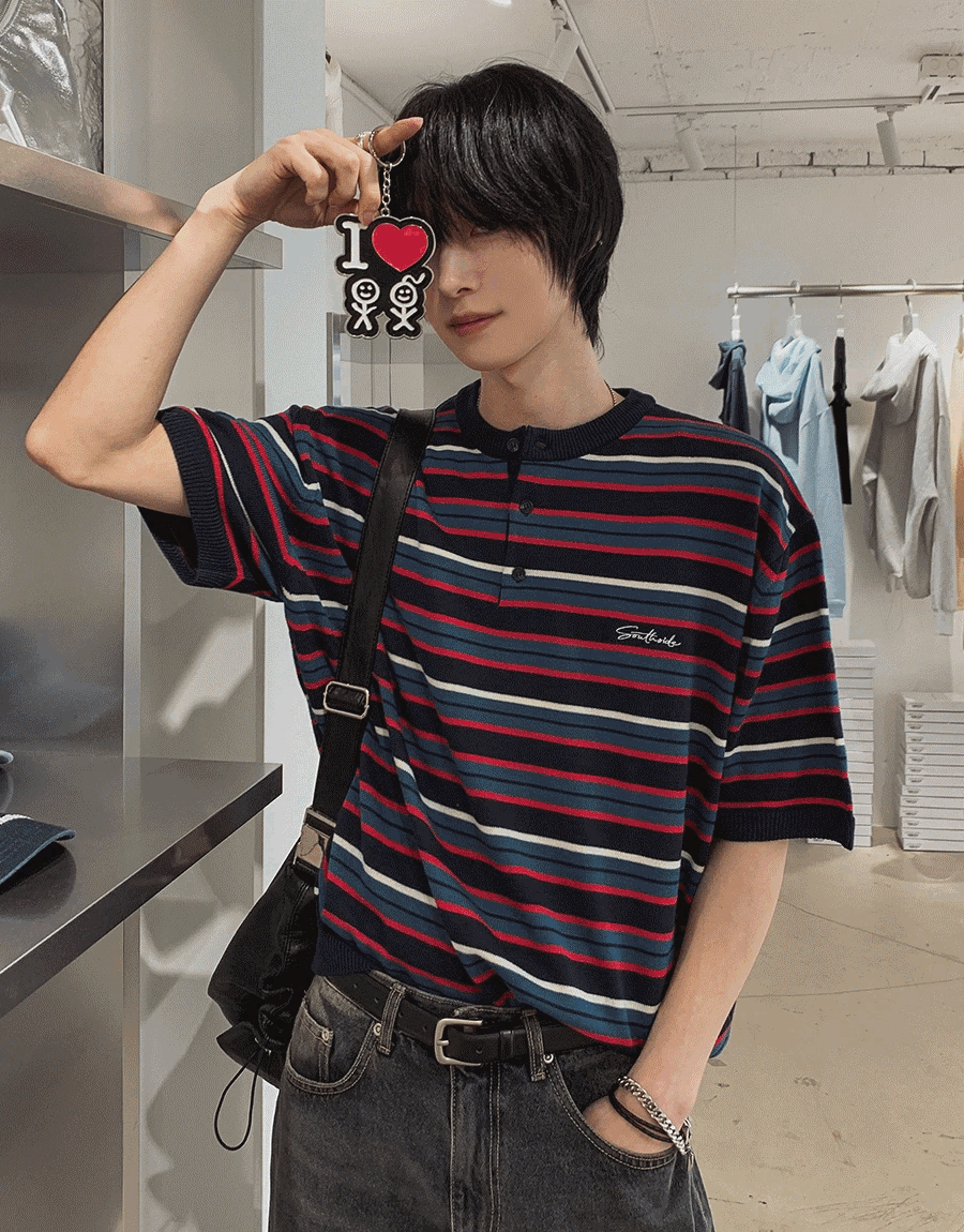 多條紋亨利領短袖針織衫