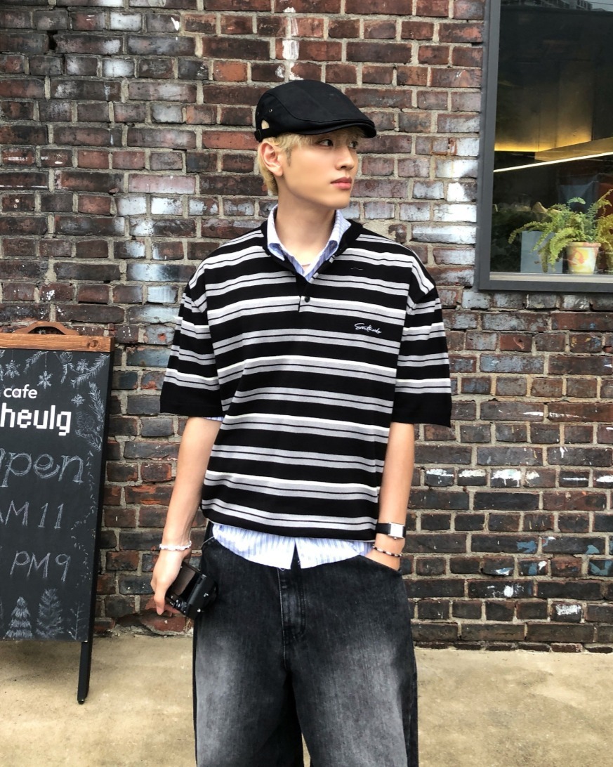 多條紋亨利領短袖針織衫