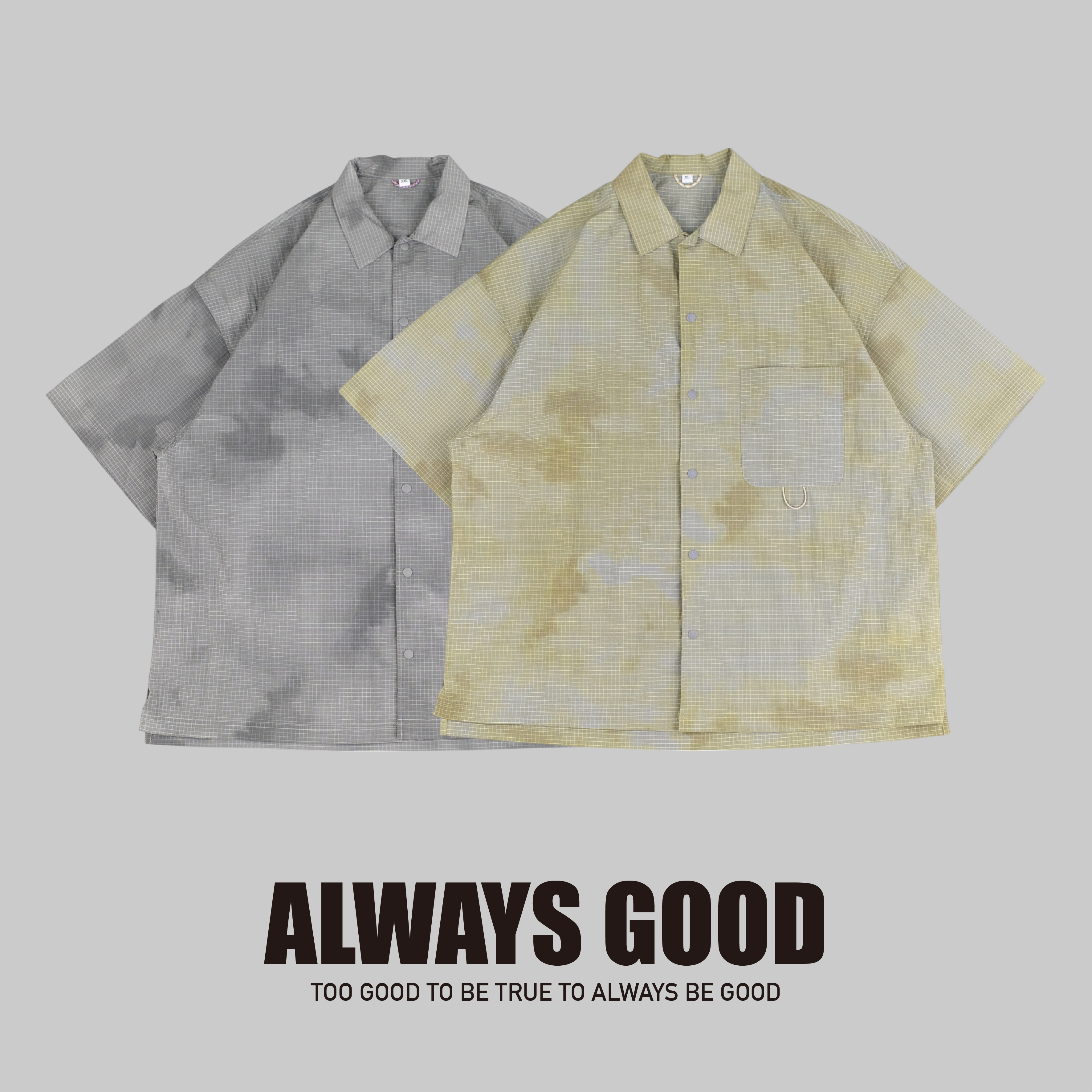 『Always_Good』雲朵漸變 十字格紋布 壓扣 口袋 短袖襯衫