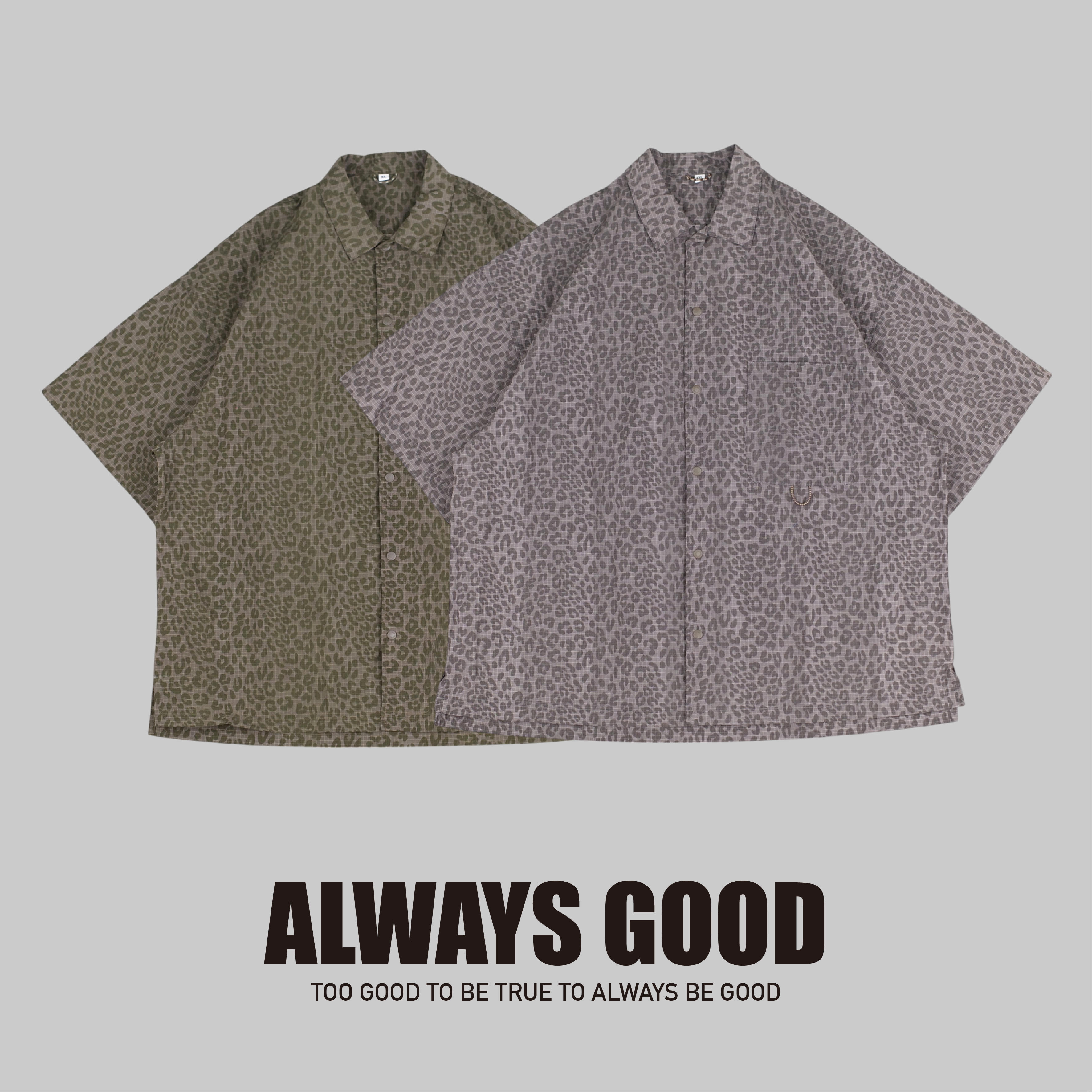 『Always_Good』小豹紋 十字格紋布 壓扣 口袋 短袖襯衫