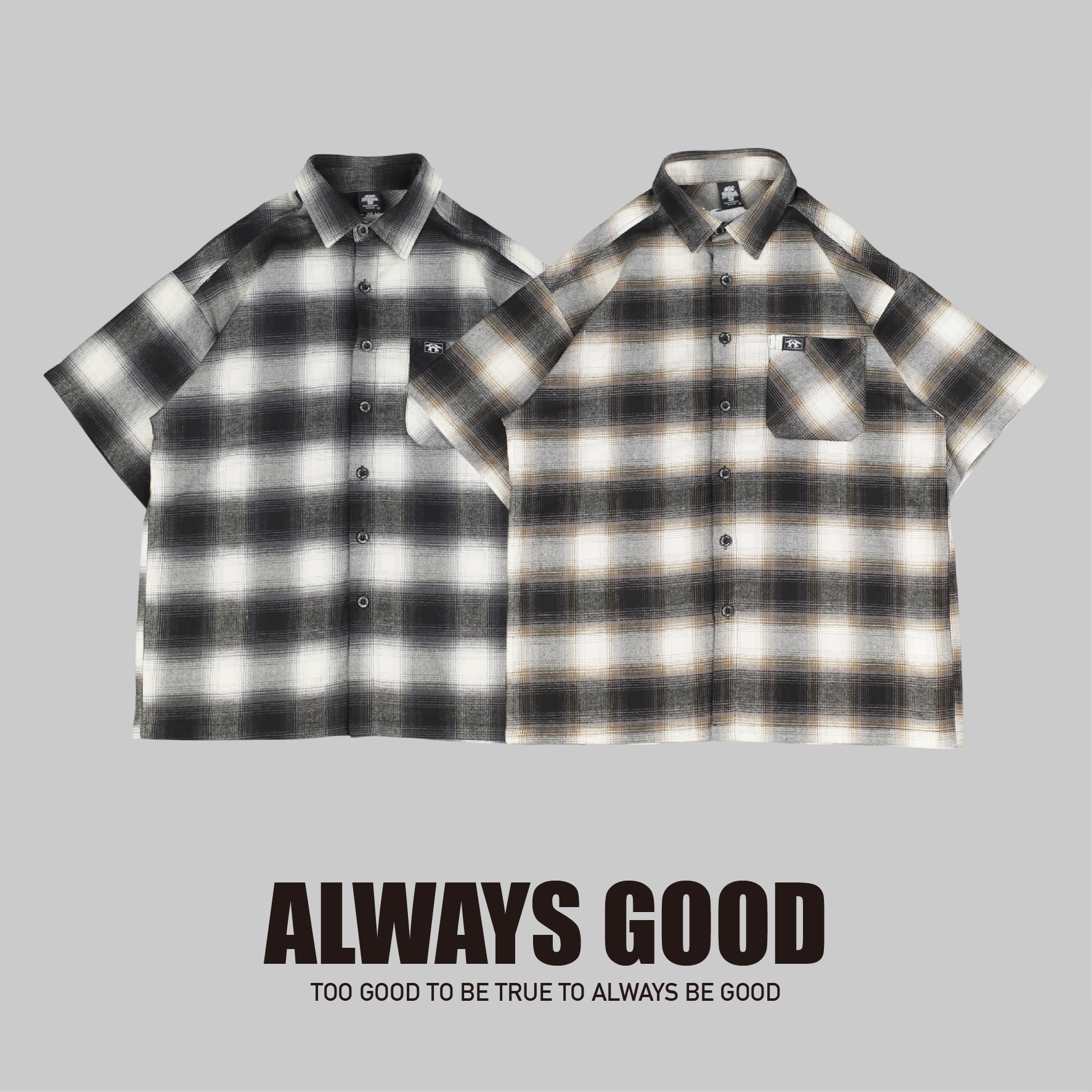 『Always_Good』格紋 重磅 口袋 領後刺繡 短袖襯衫