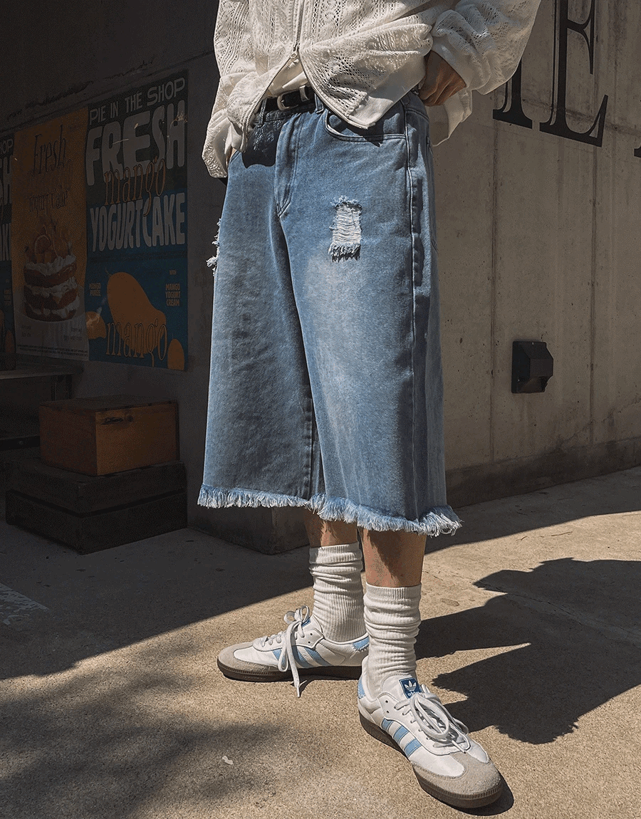 (韓國快閃優惠)Ruda Damage 百慕達牛仔褲