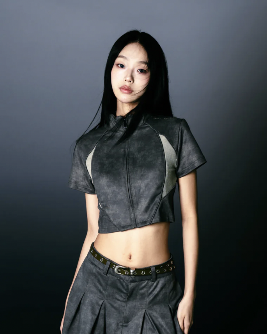 [現貨] Sense Washed Patch Ribbed Zip Top Grey | L25-15GY