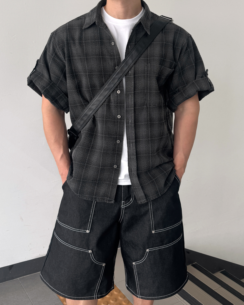 格紋染色捲袖短袖襯衫