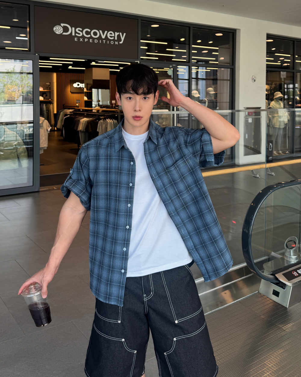 格紋染色捲袖短袖襯衫