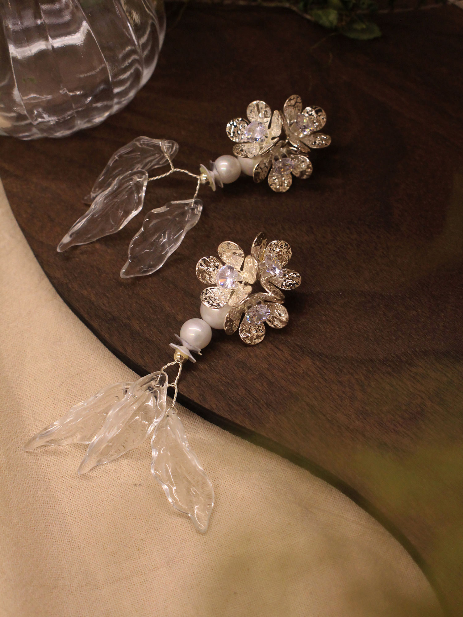 私藏冰花。(2way)MUCHAT手作14KGP珍珠花葉流蘇純銀針耳環