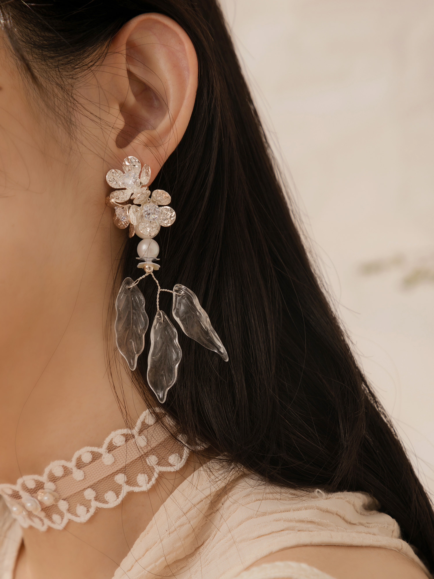 私藏冰花。(2way)MUCHAT手作14KGP珍珠花葉流蘇純銀針耳環