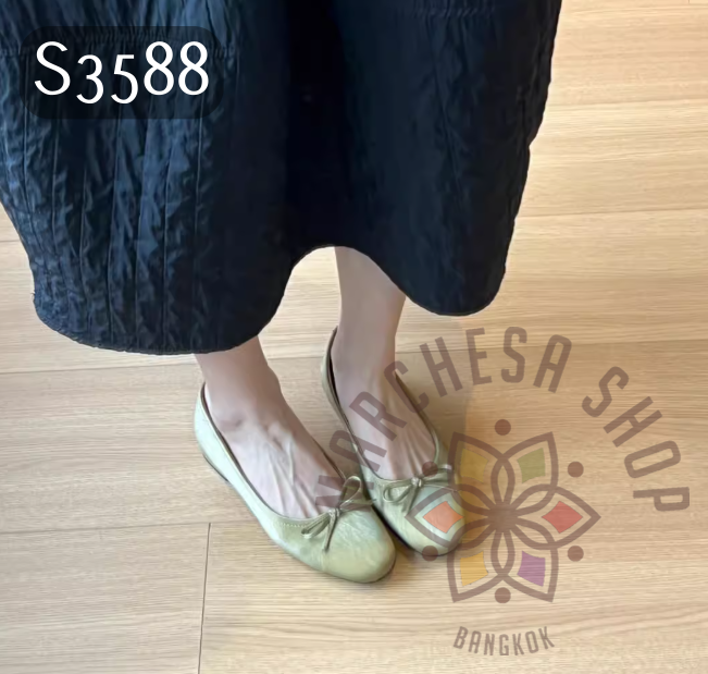 S3588 - 頭層羊皮絲綢蝴蝶結方頭平底鞋