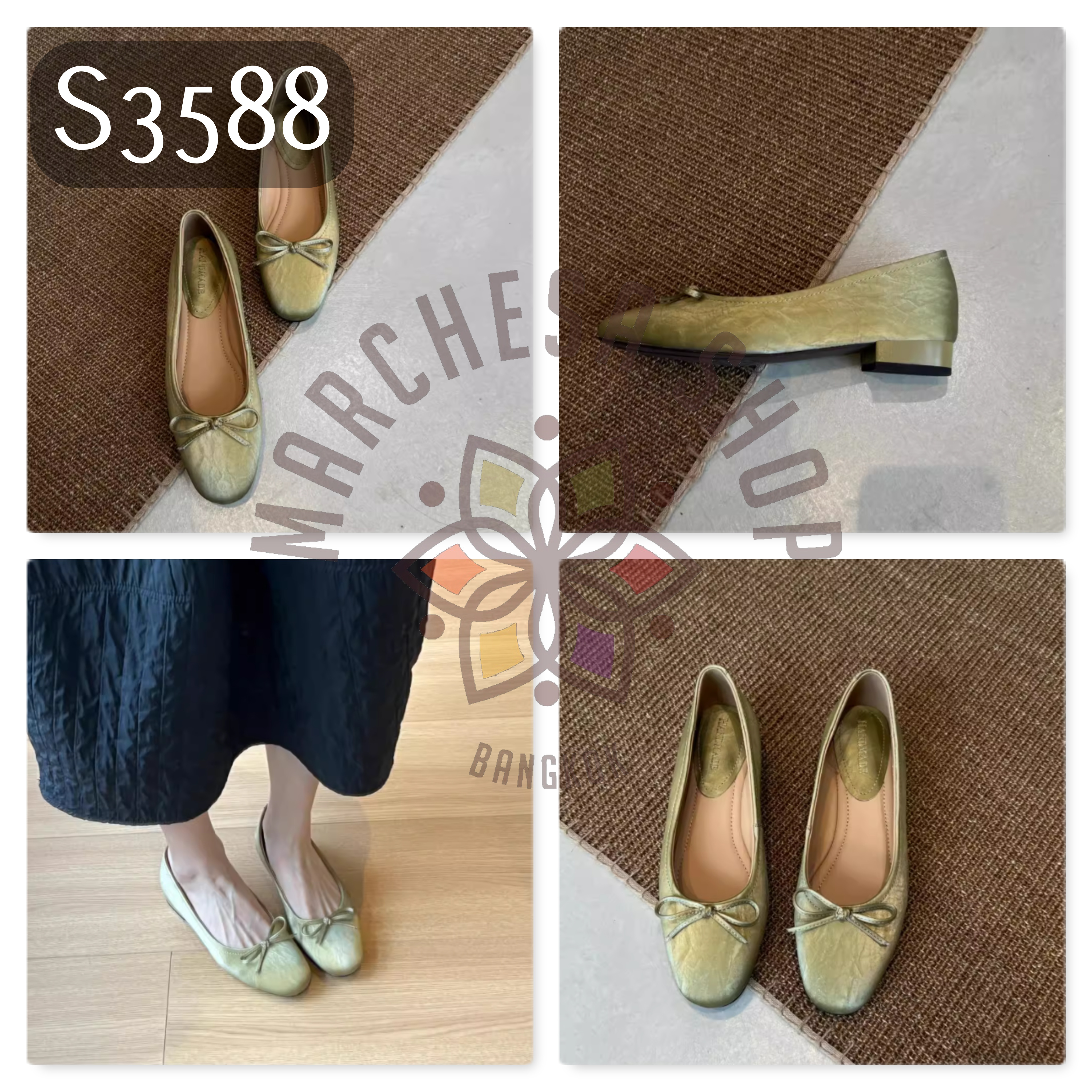 S3588 - 頭層羊皮絲綢蝴蝶結方頭平底鞋